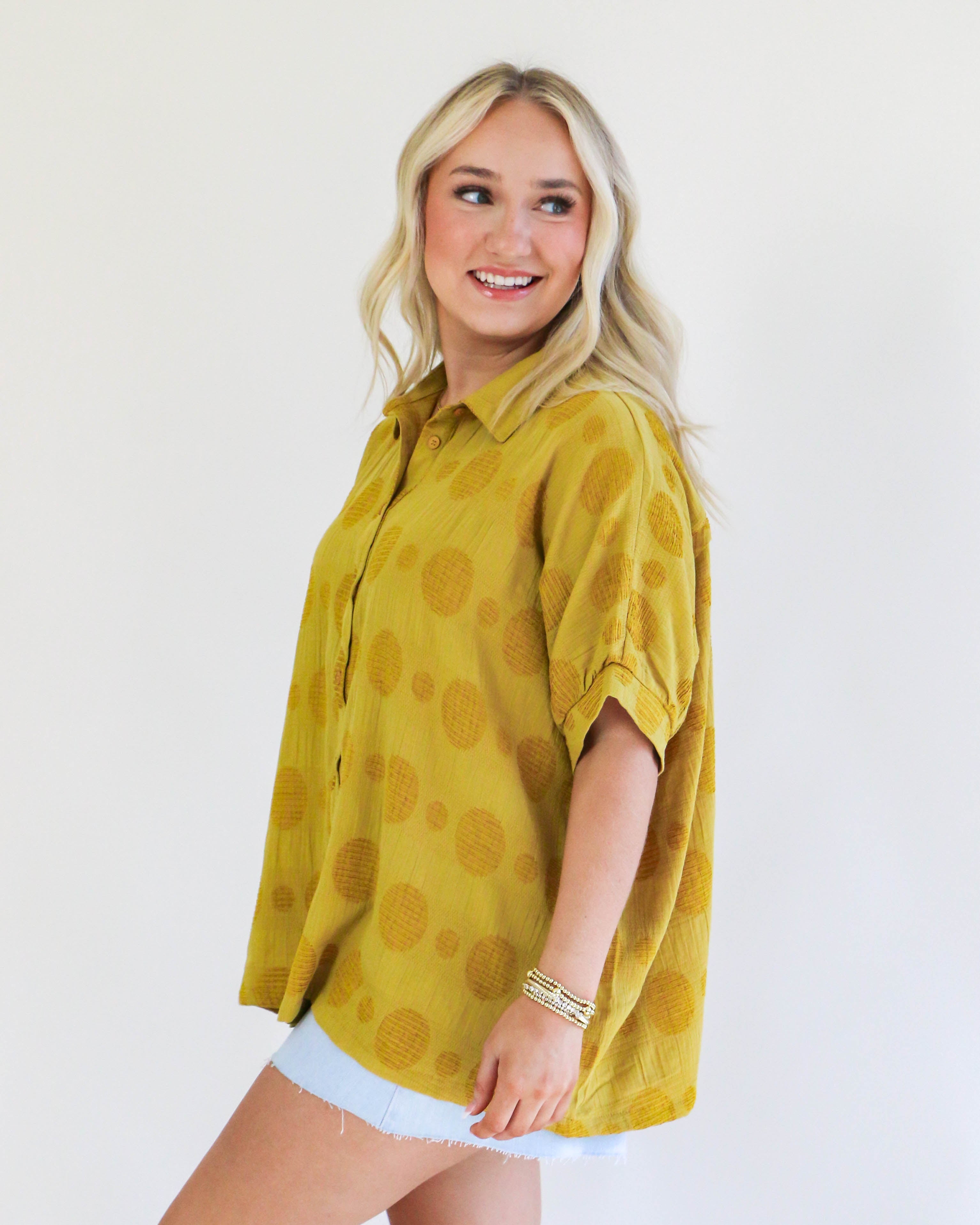 Texture Fabric Button Down Polka Dot Detailed Top in Mustard