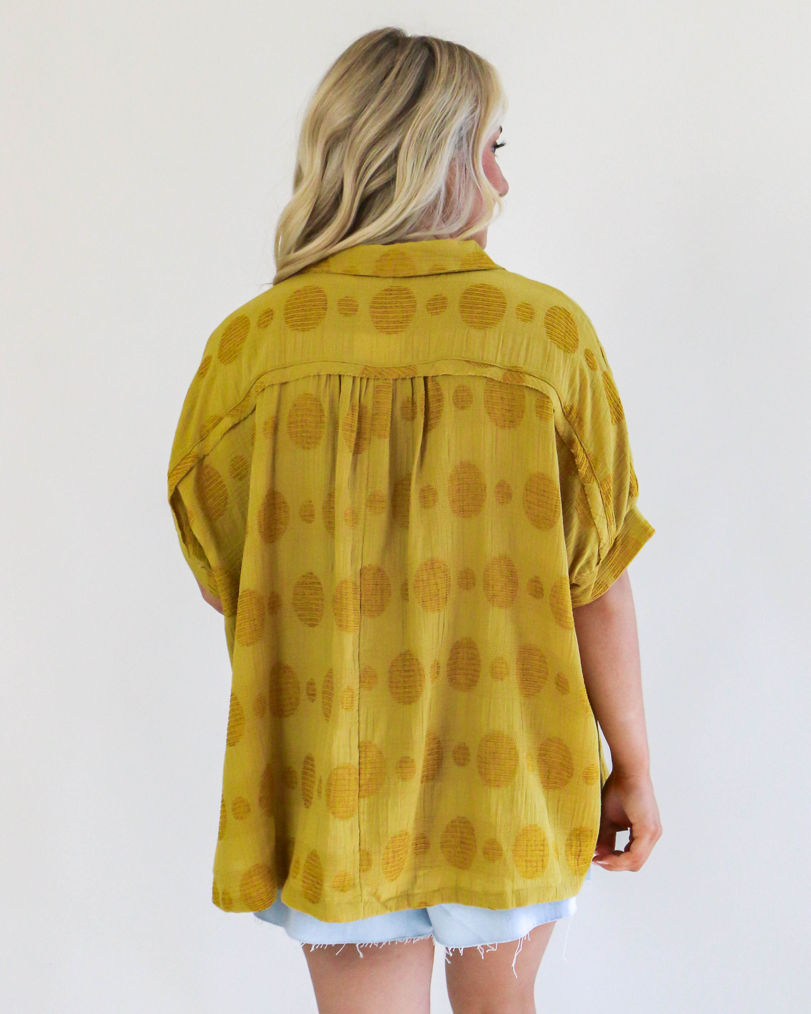 Texture Fabric Button Down Polka Dot Detailed Top in Mustard