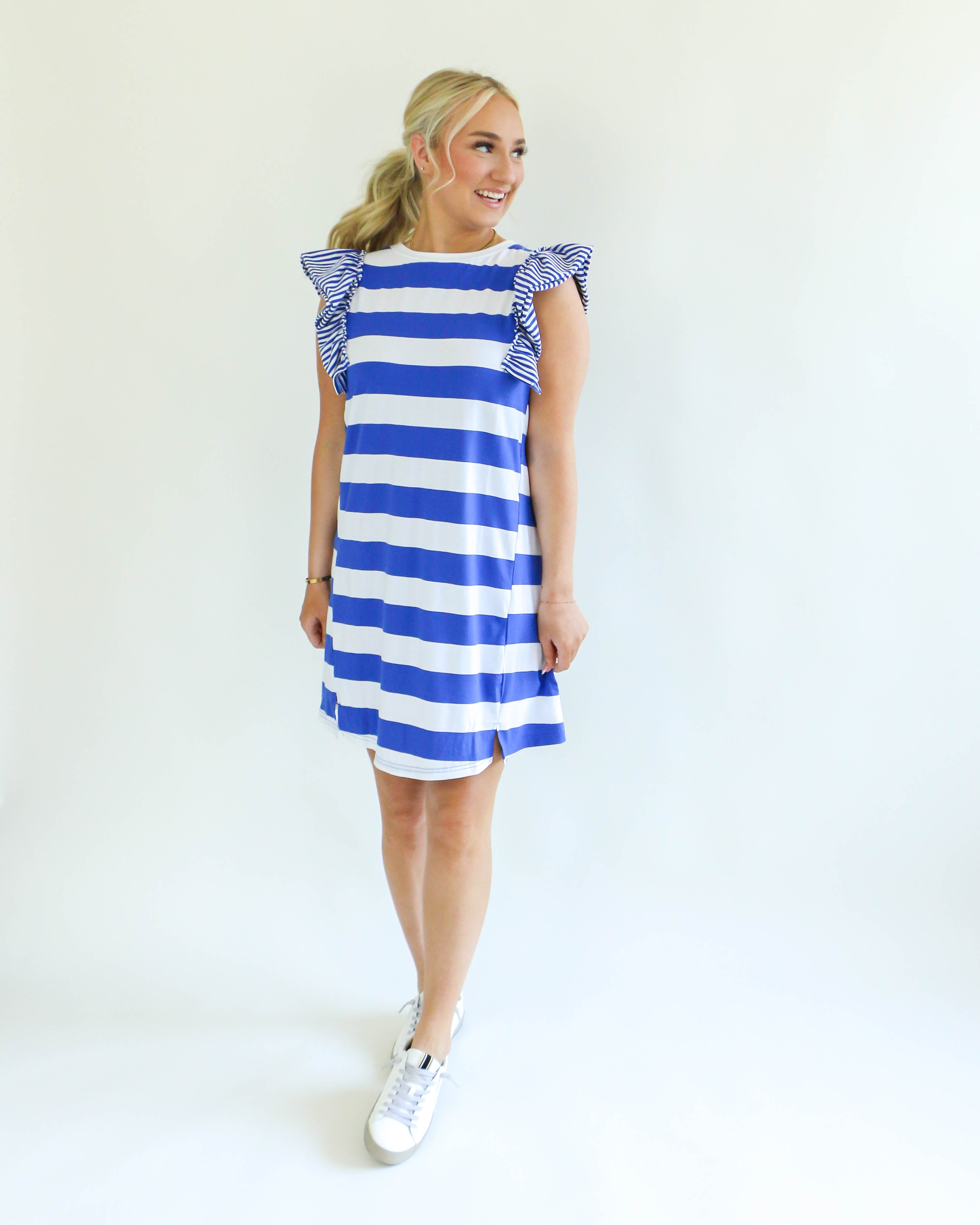 Blue Striped Ruffle Sleeve Dress