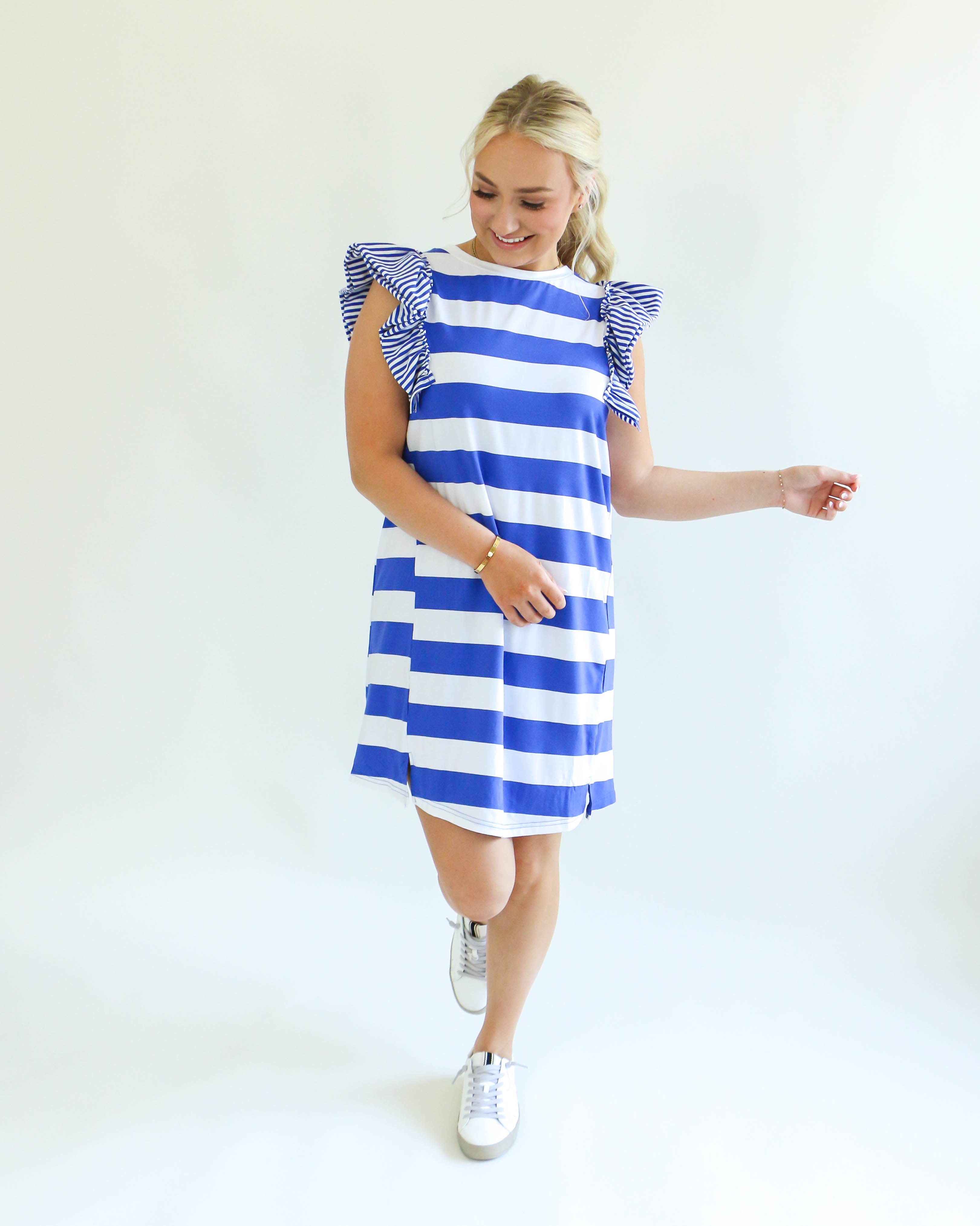 Blue Striped Ruffle Sleeve Dress