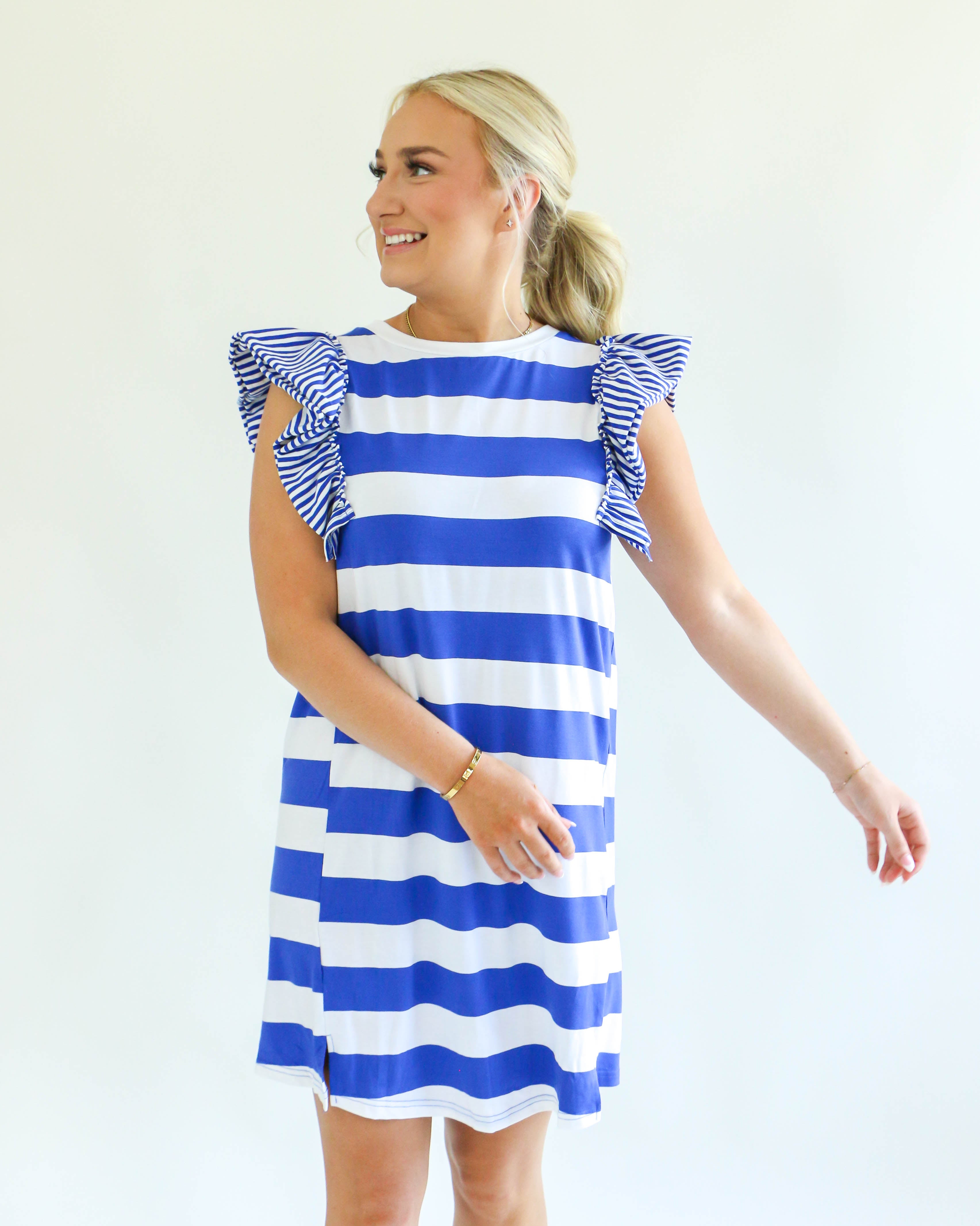 Blue Striped Ruffle Sleeve Dress