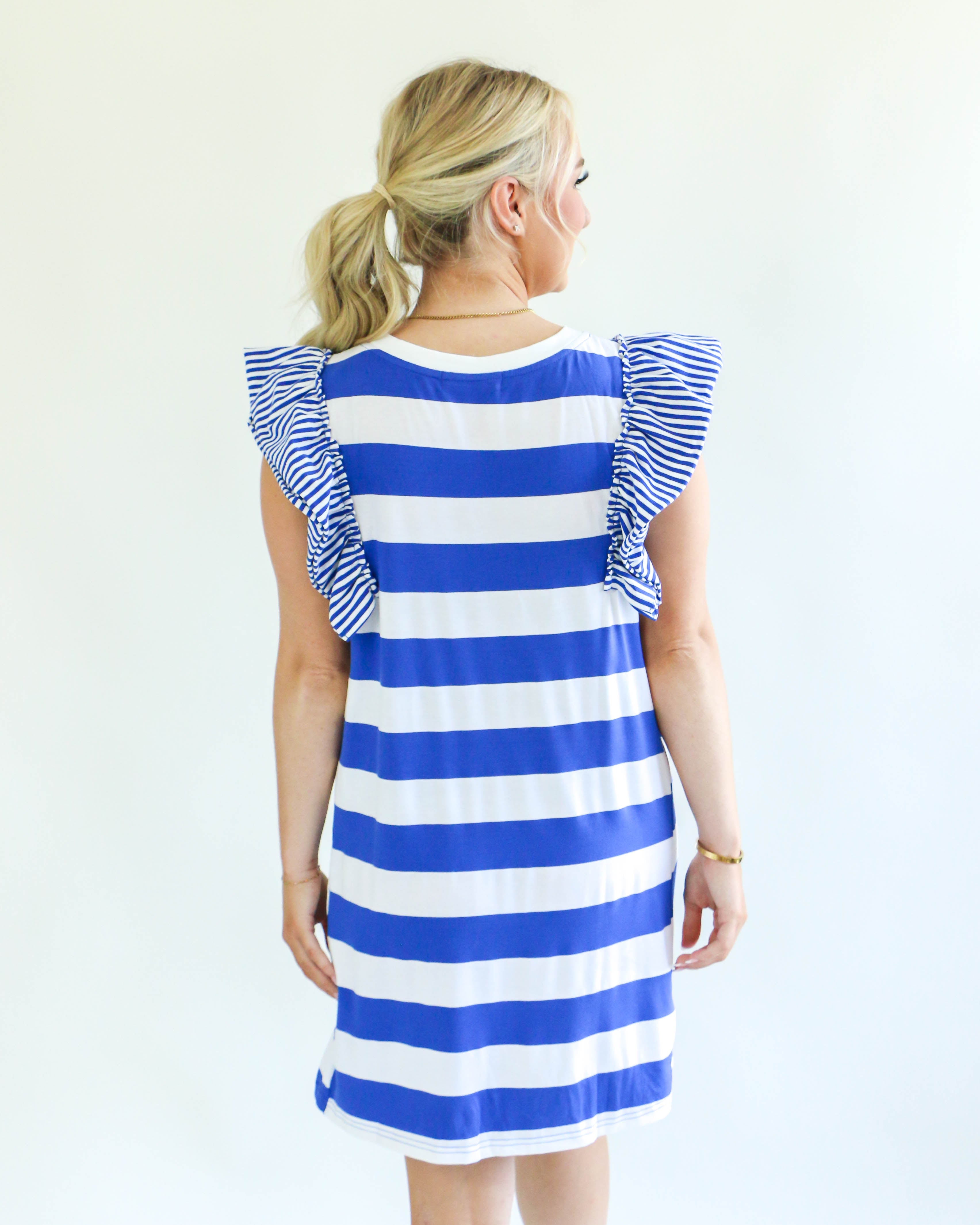 Blue Striped Ruffle Sleeve Dress