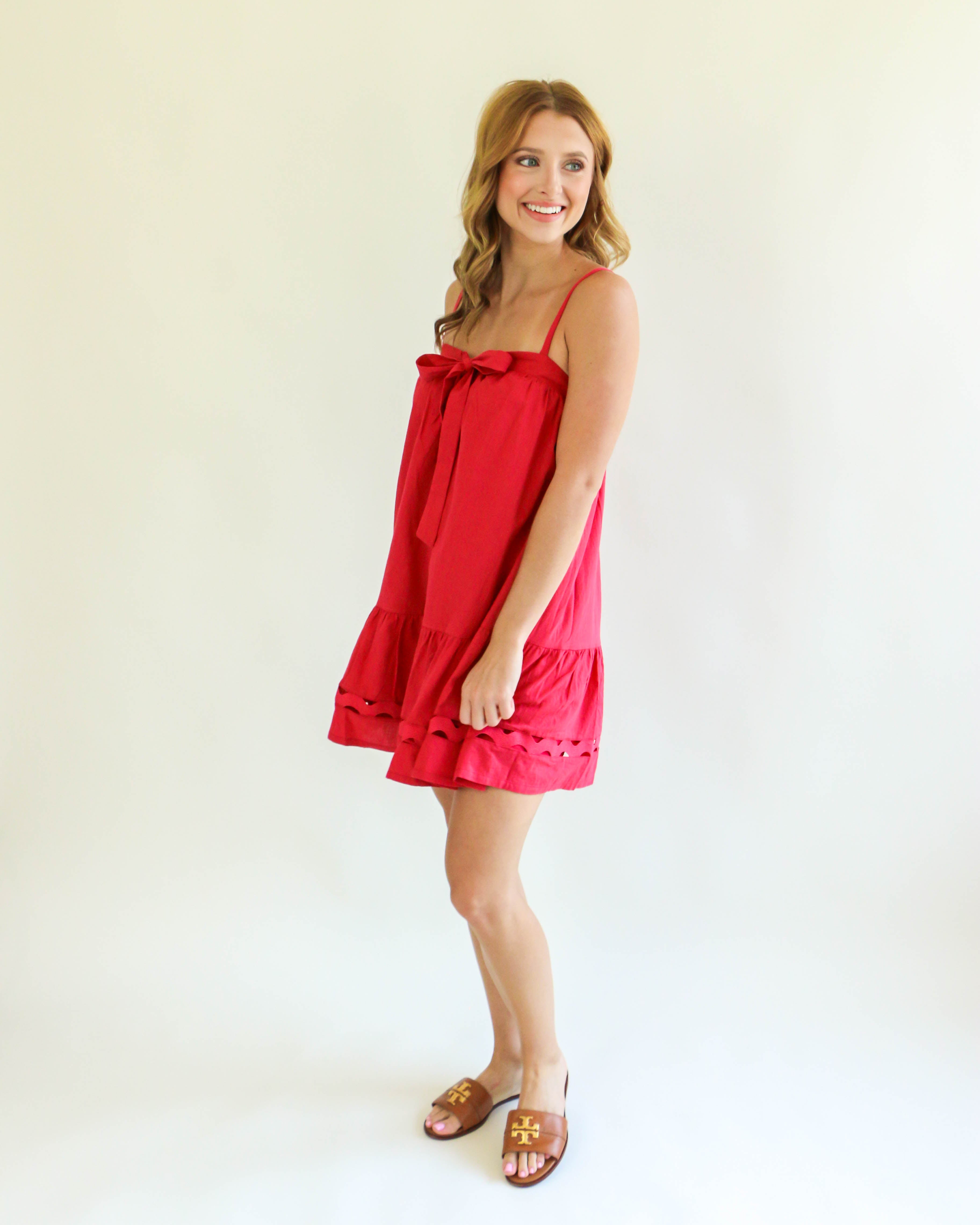 Flowy Tie Front Eyelet Detailed Tunic Dress in Crimson