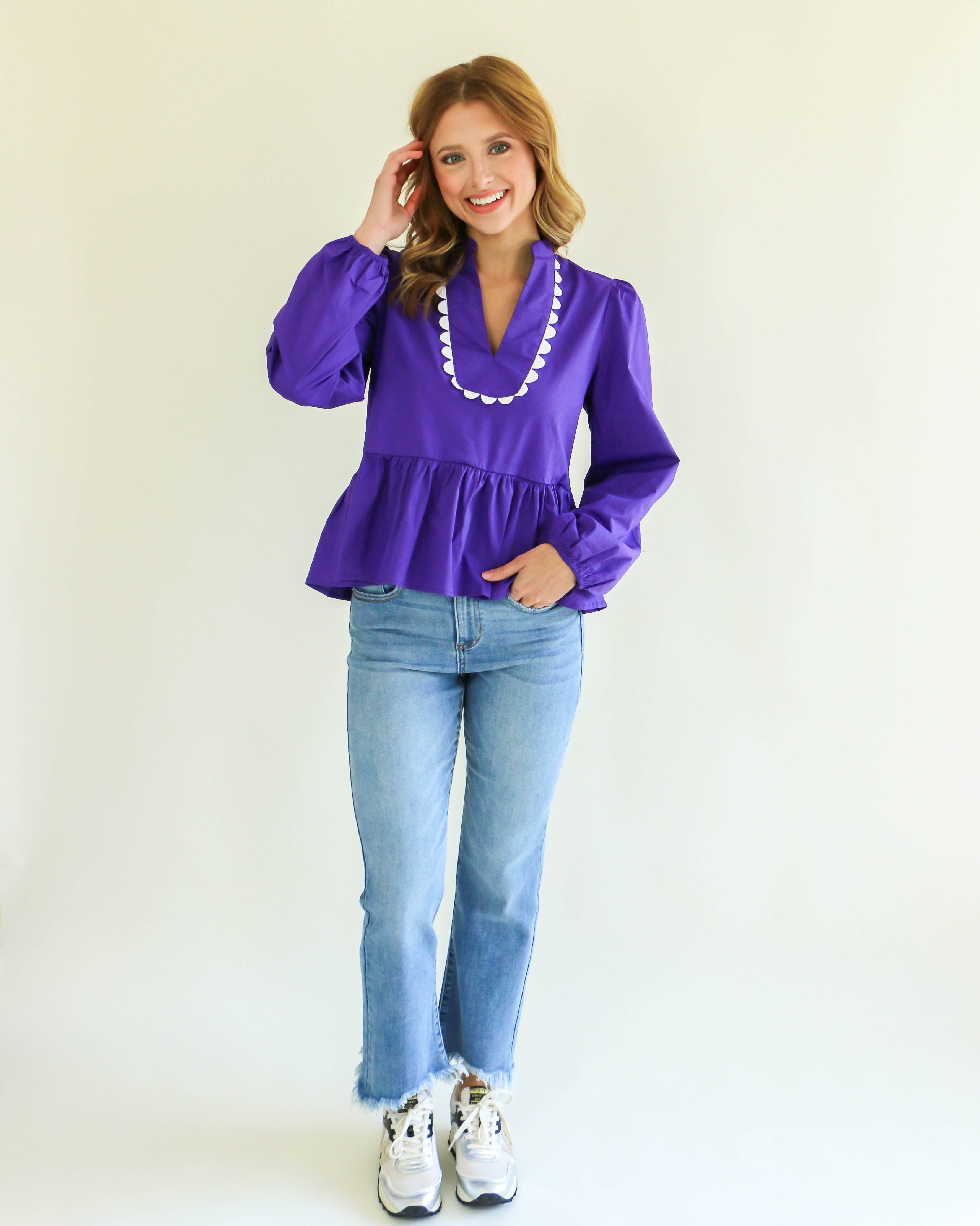 Split V-Neck Long Sleeve Top in Purple