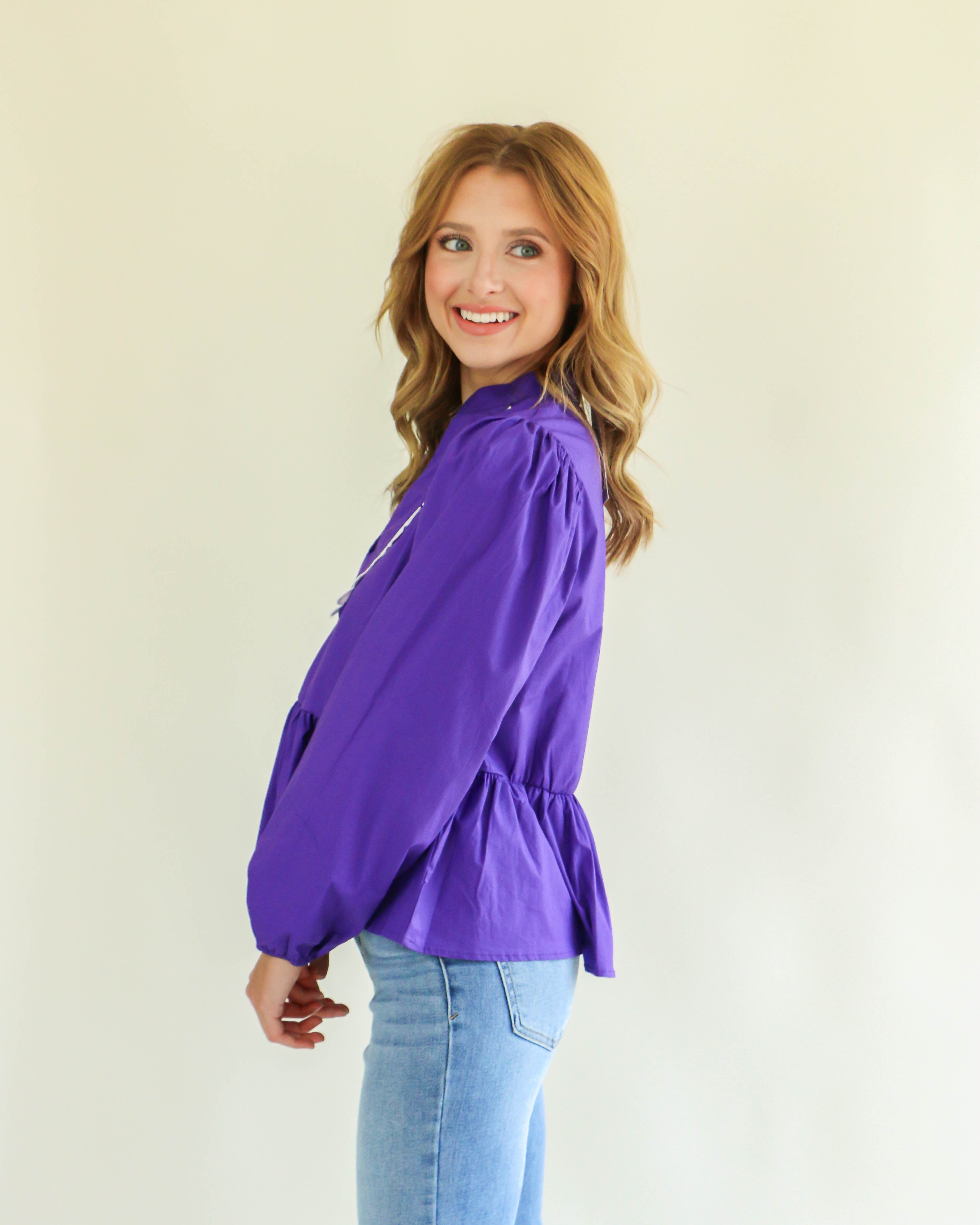 Split V-Neck Long Sleeve Top in Purple