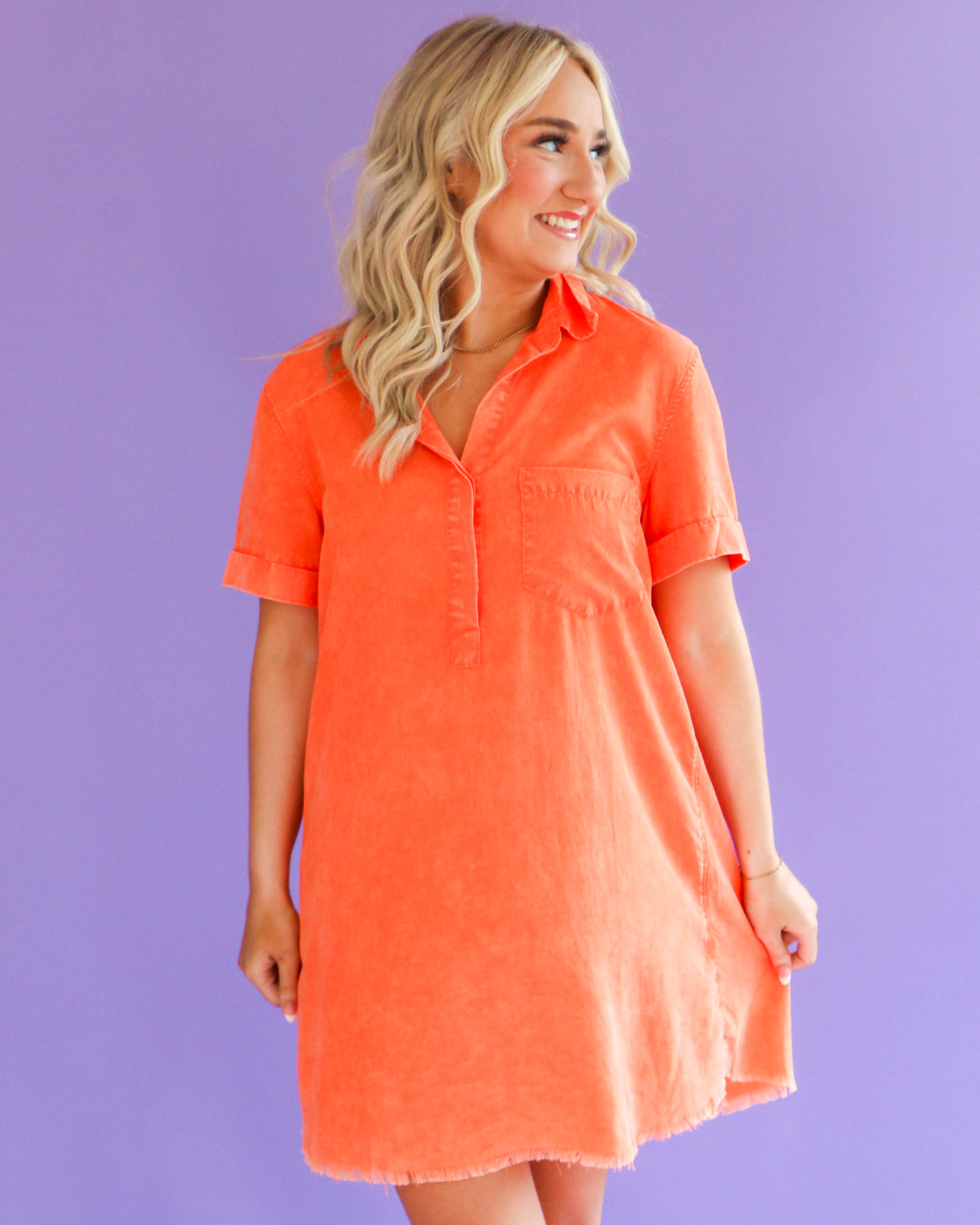 Short Sleeve Washed Denim Shirtdress in Washed Sunkist