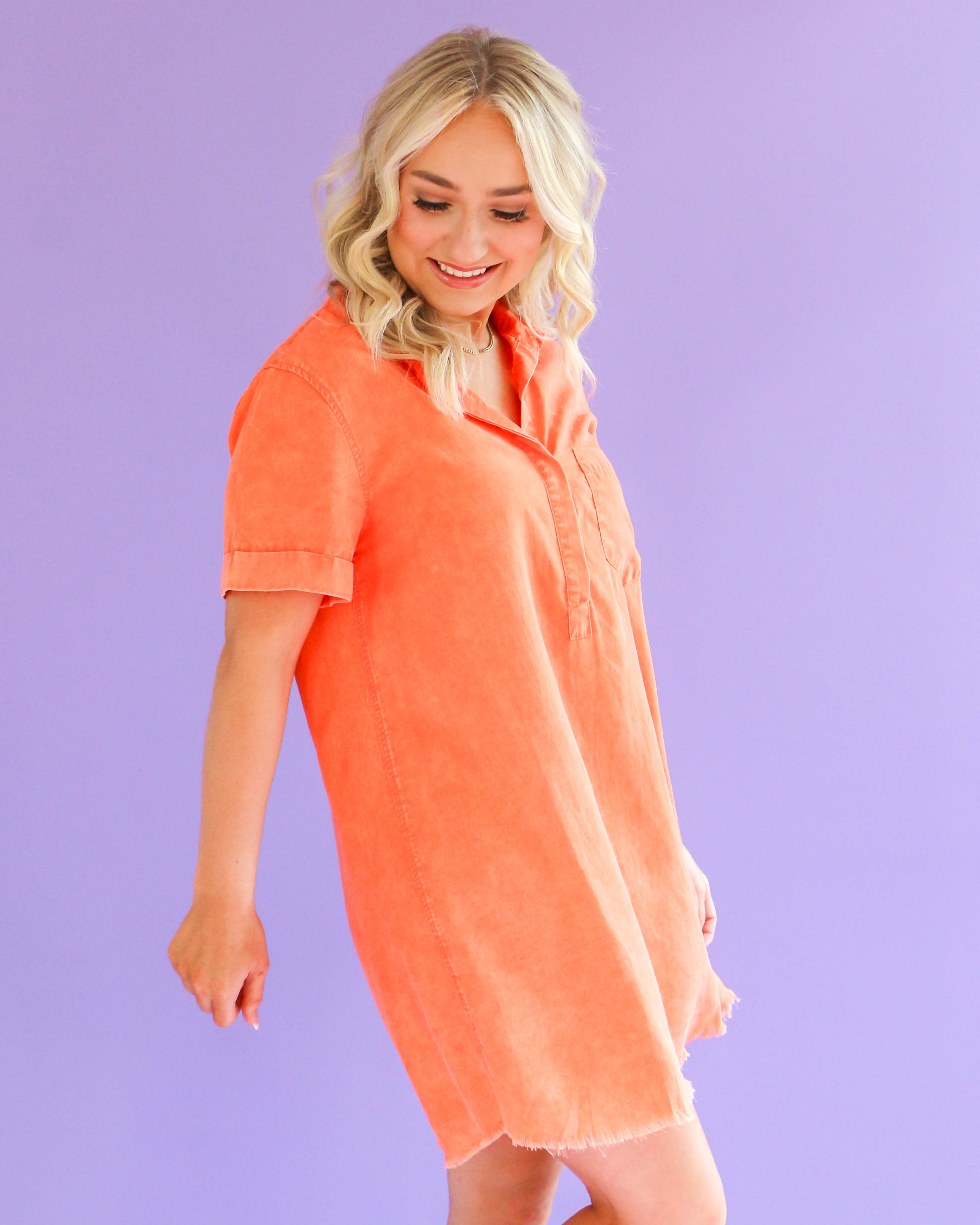 Short Sleeve Washed Denim Shirtdress in Washed Sunkist