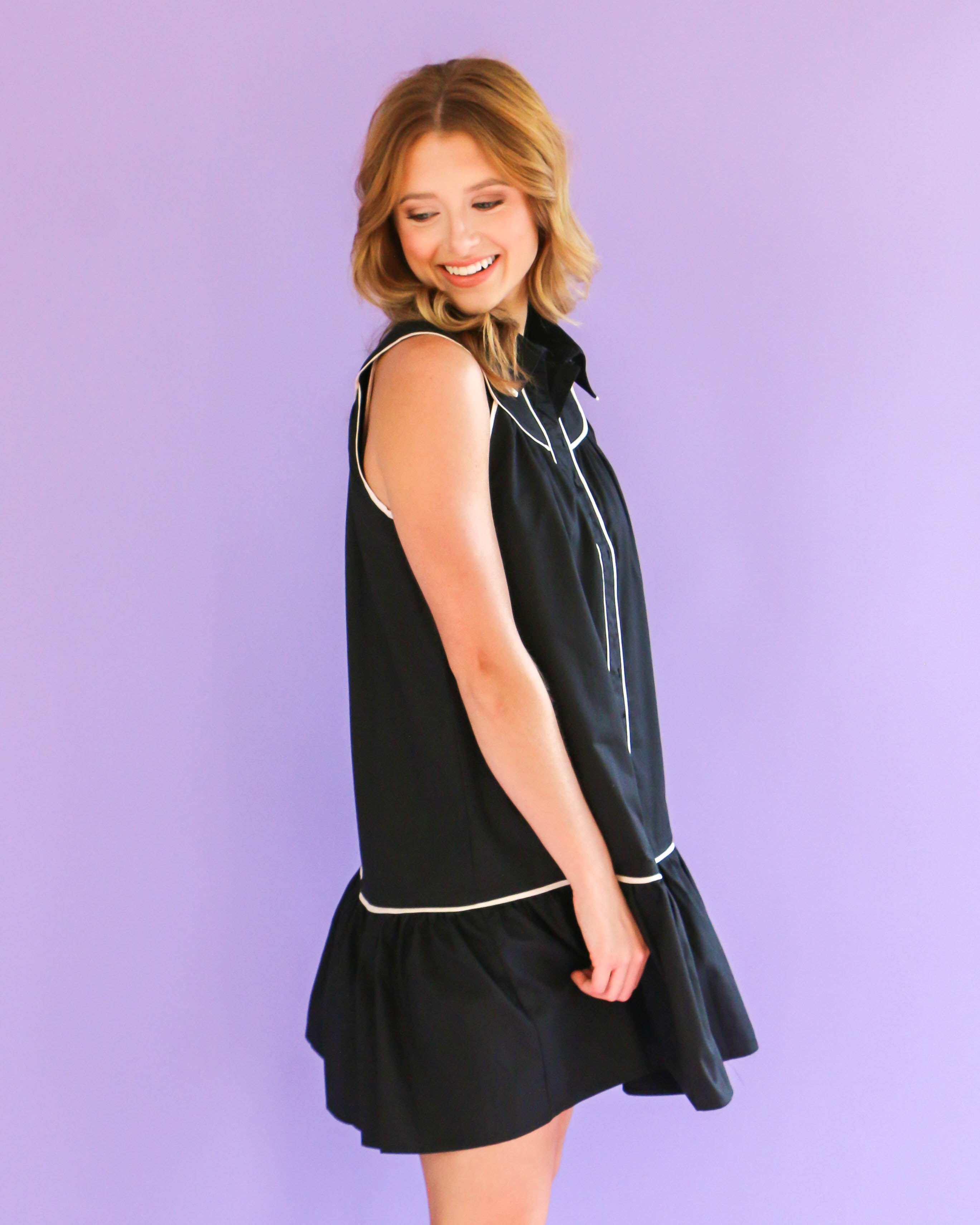 Black Sleeveless Collared Button-Down Dress