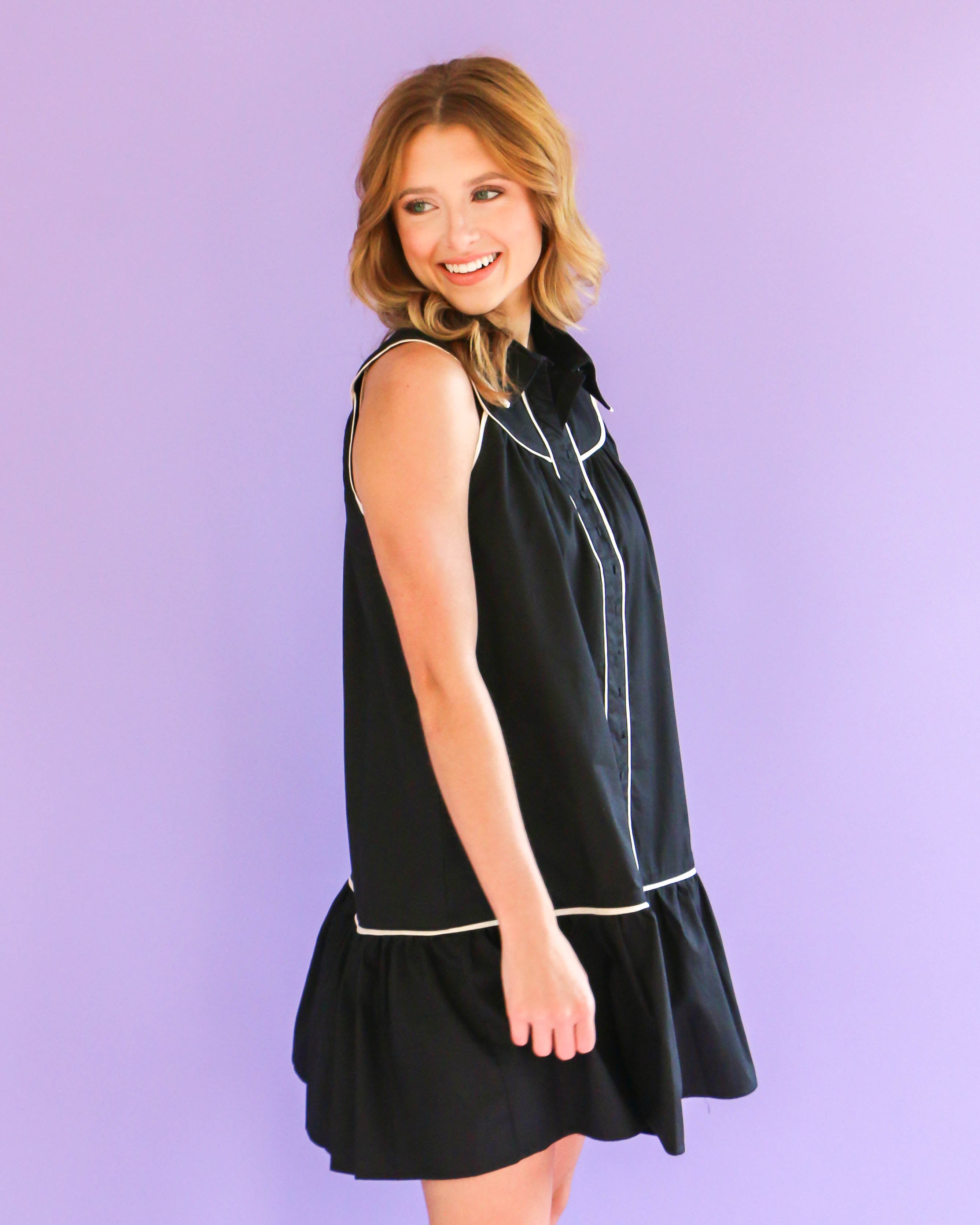 Black Sleeveless Collared Button-Down Dress