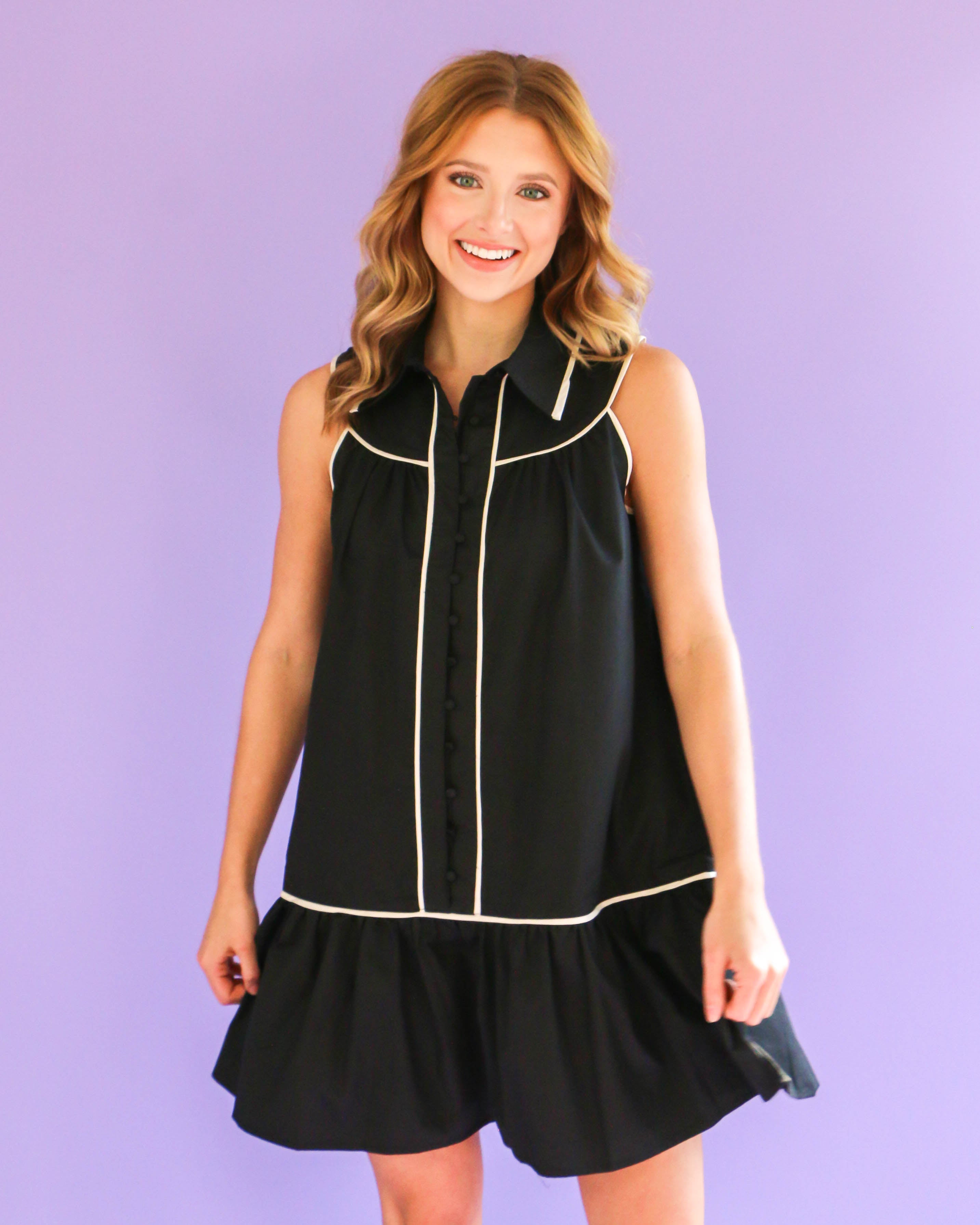 Black Sleeveless Collared Button-Down Dress