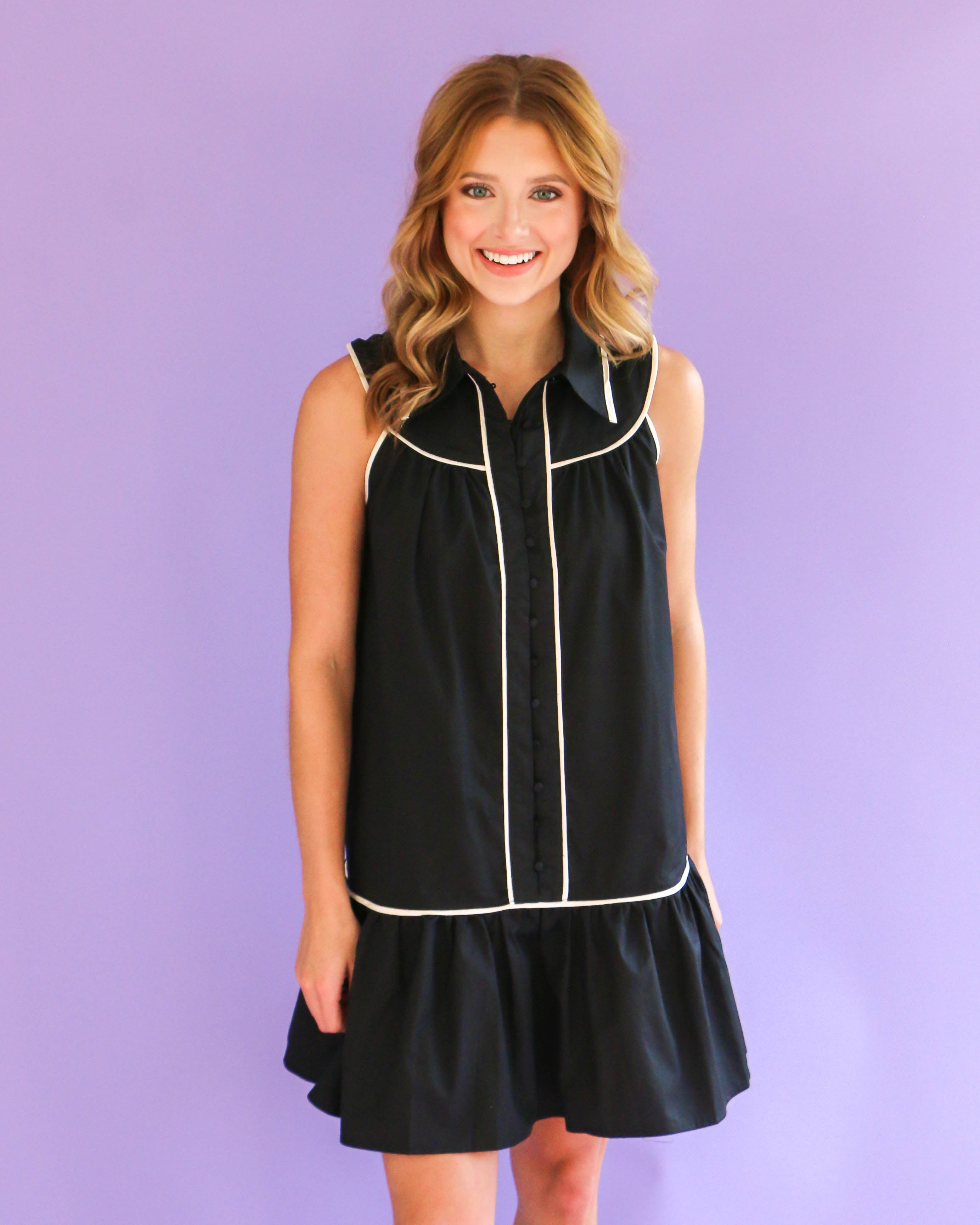 Black Sleeveless Collared Button-Down Dress