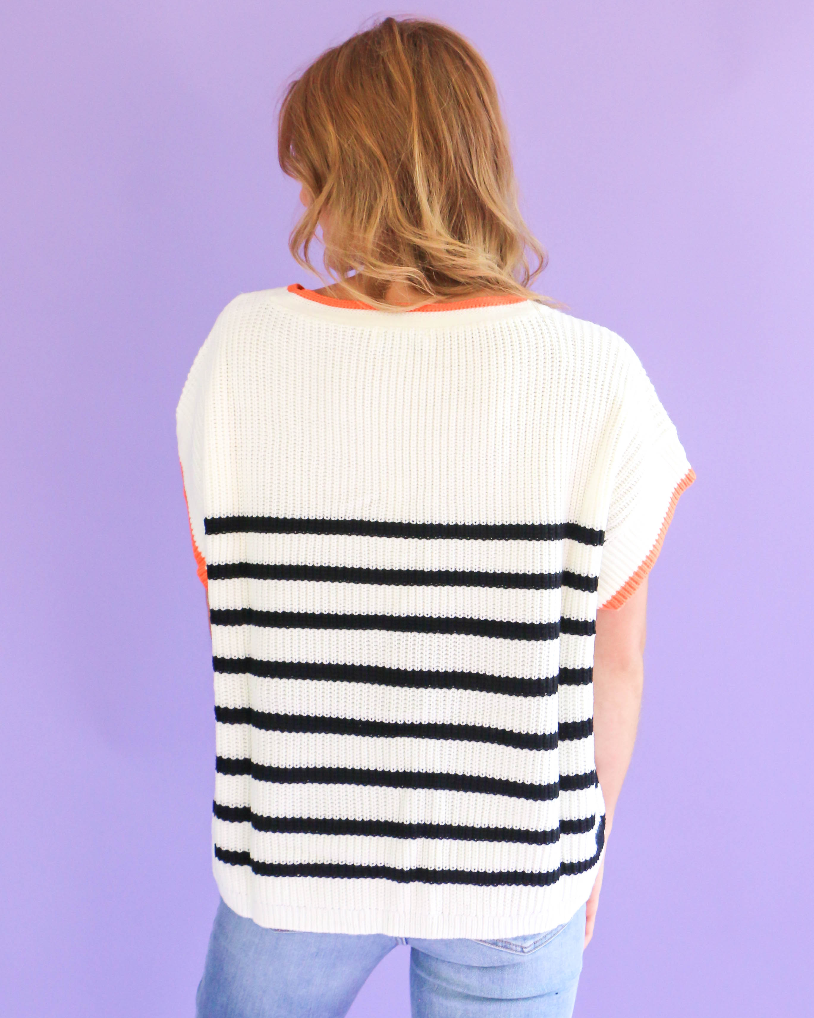 Drop Shoulder Striped Contrast Sweater Top in Cream