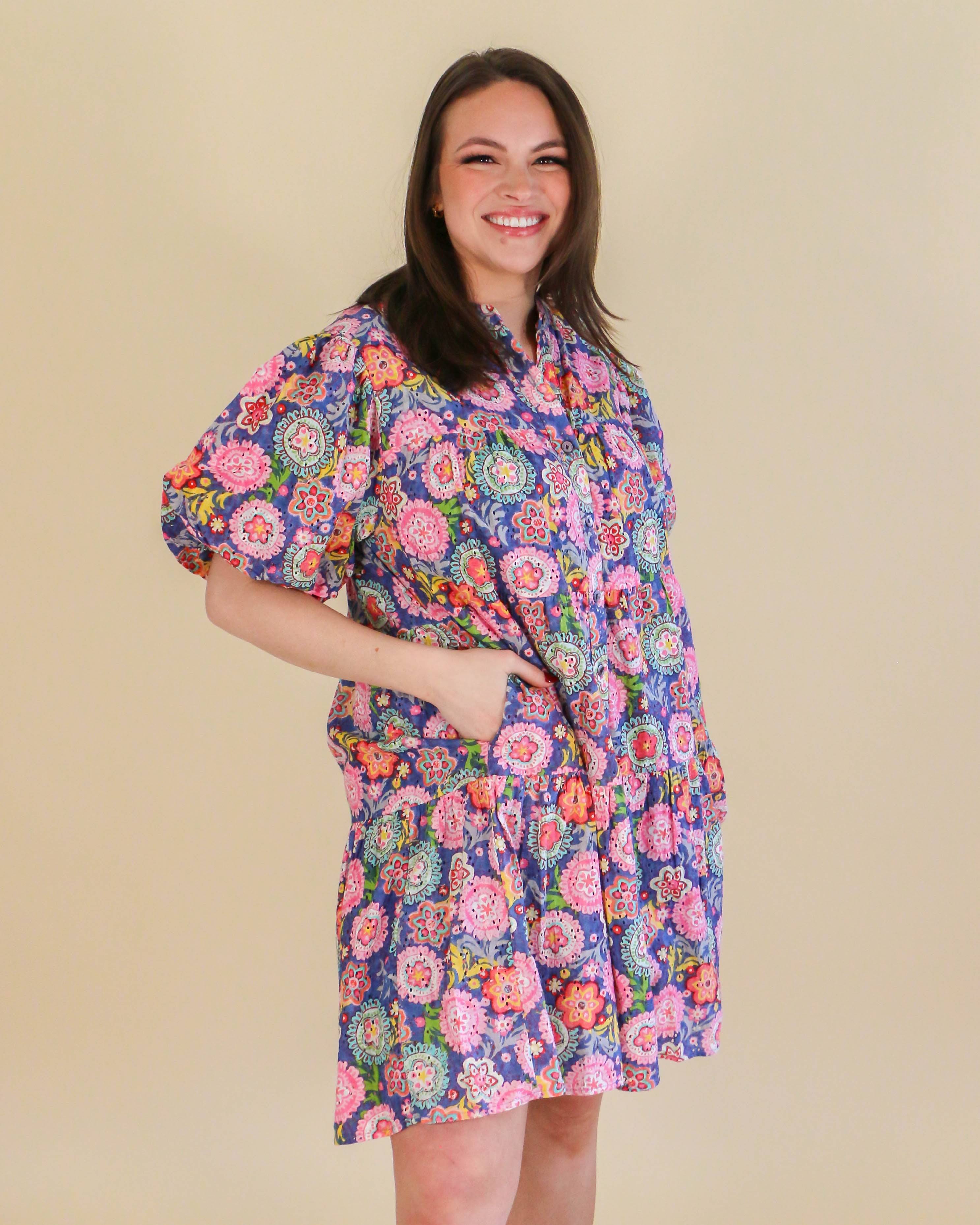 Flowers On Eyelet Dress in Blue