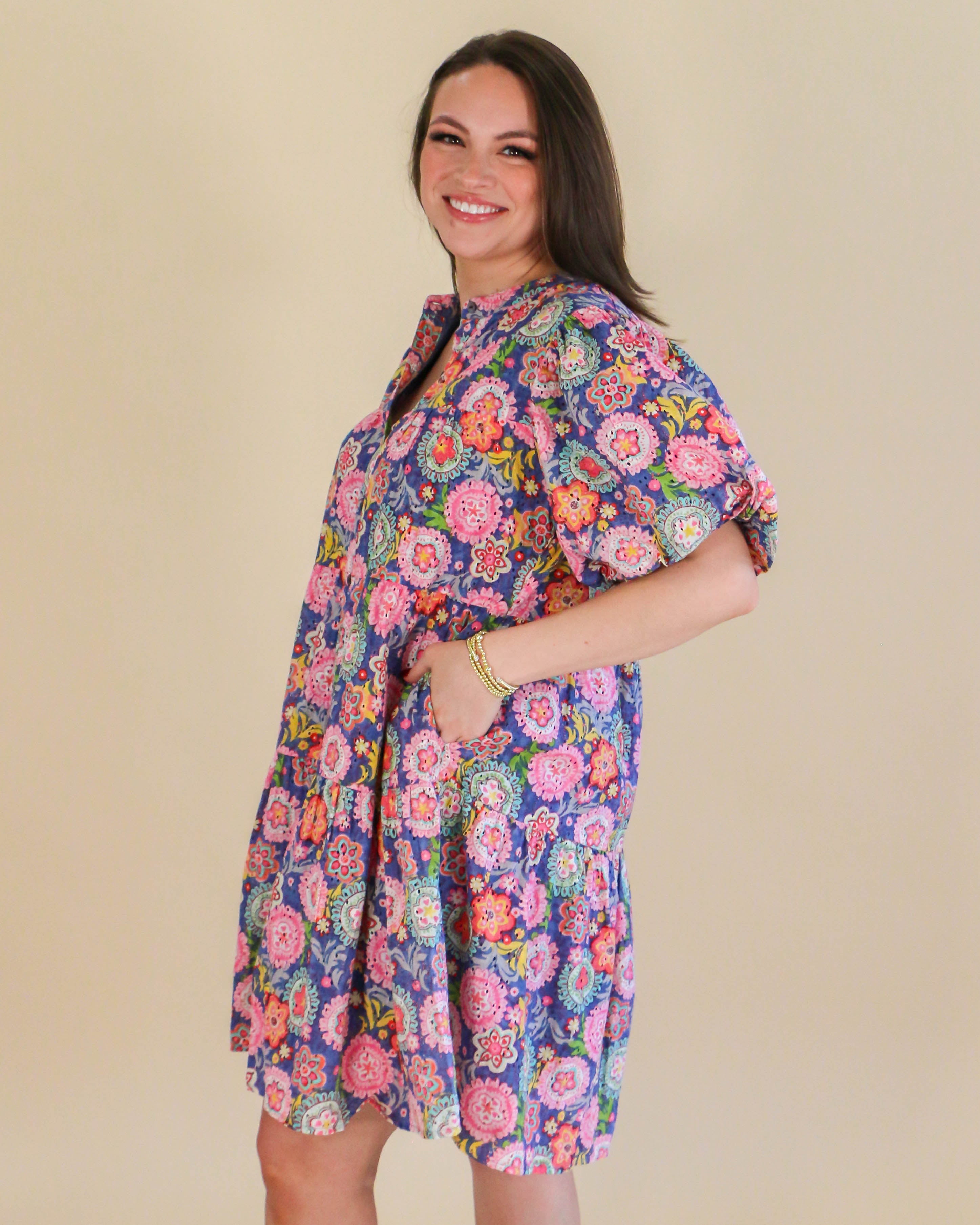 Flowers On Eyelet Dress in Blue