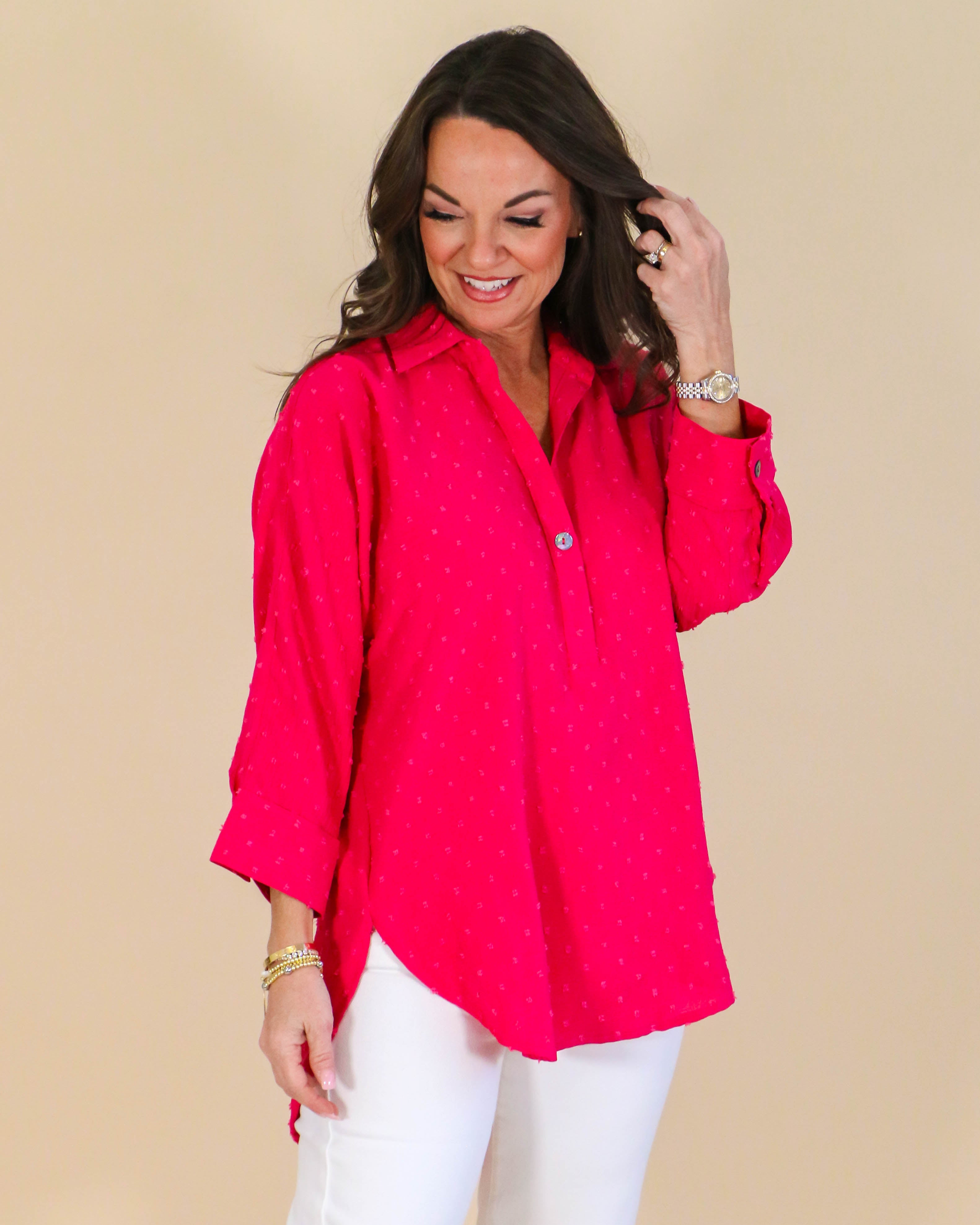 Pop Collar Popover Top in Fuchsia