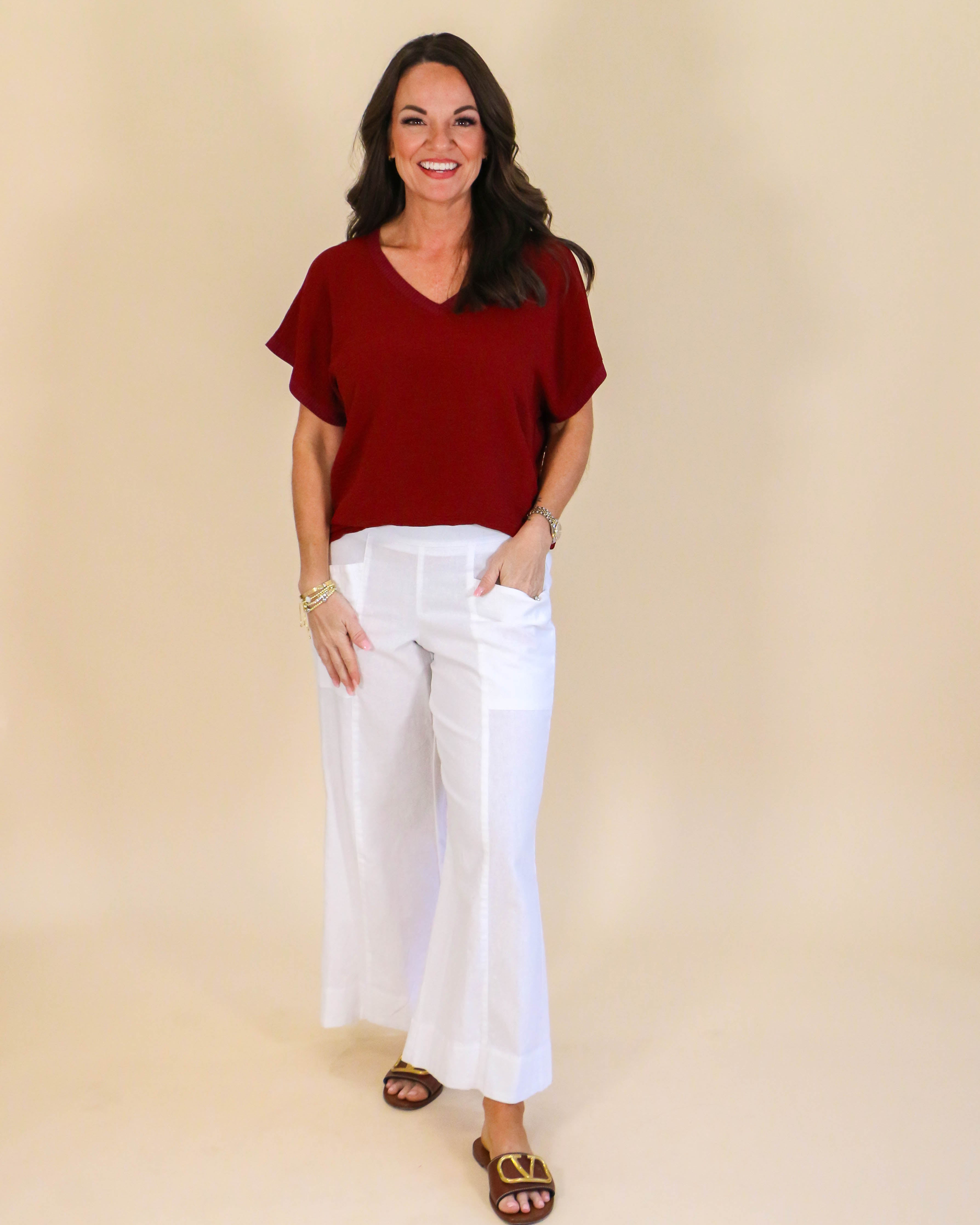 V-Neck Rib Trim Tee in Wine