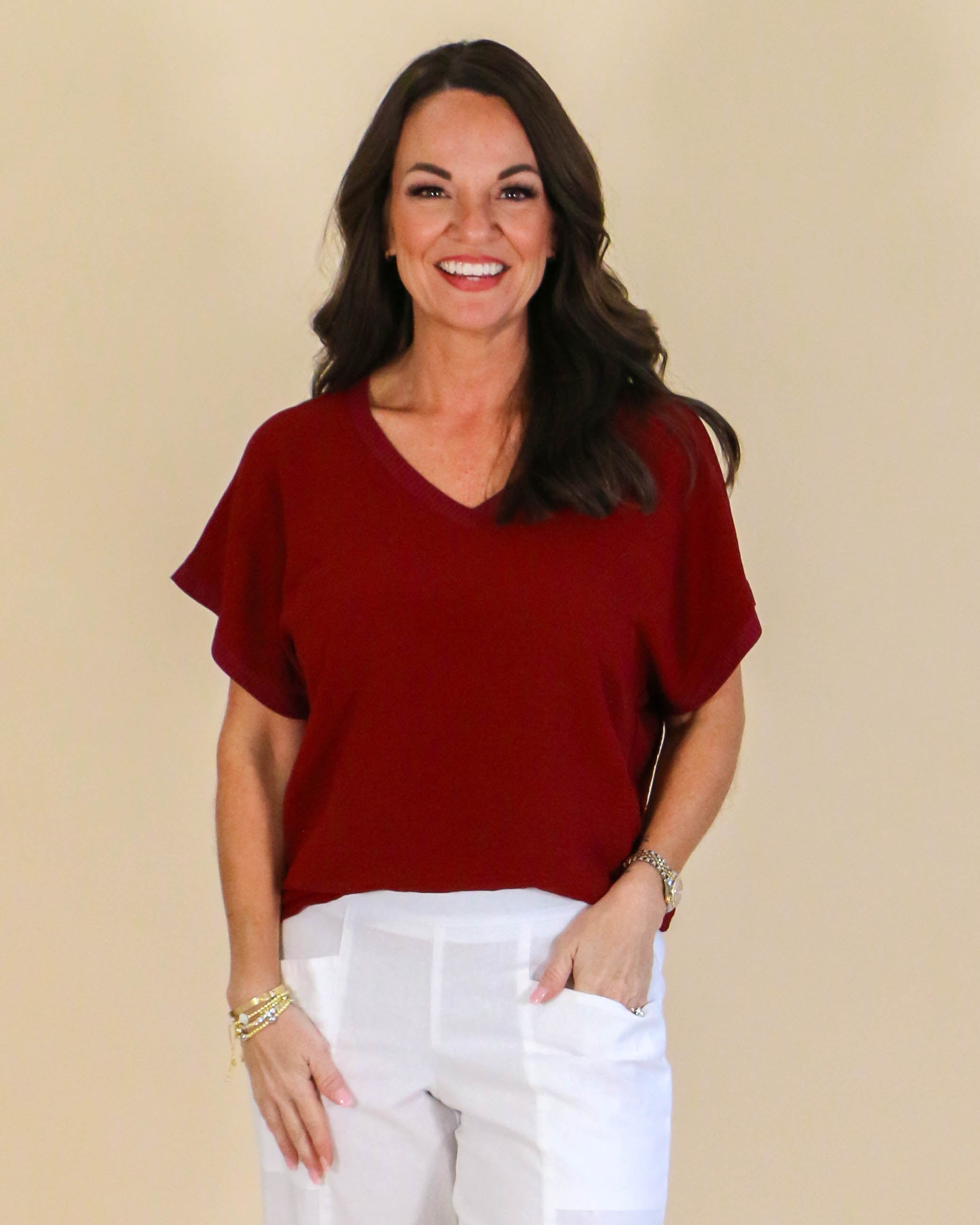 V-Neck Rib Trim Tee in Wine