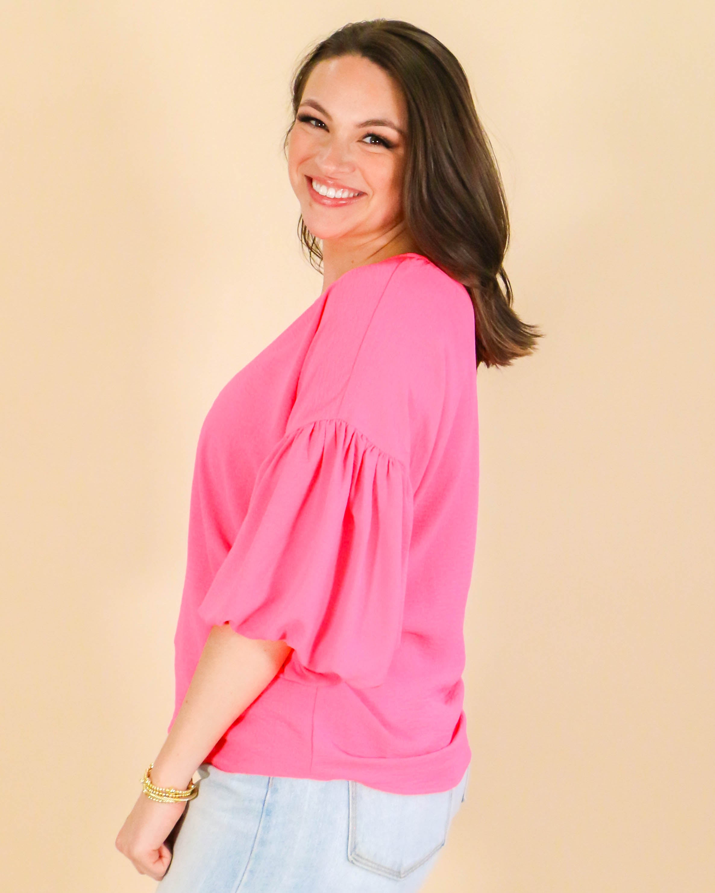 Puff Sleeve Top in Neon Pink