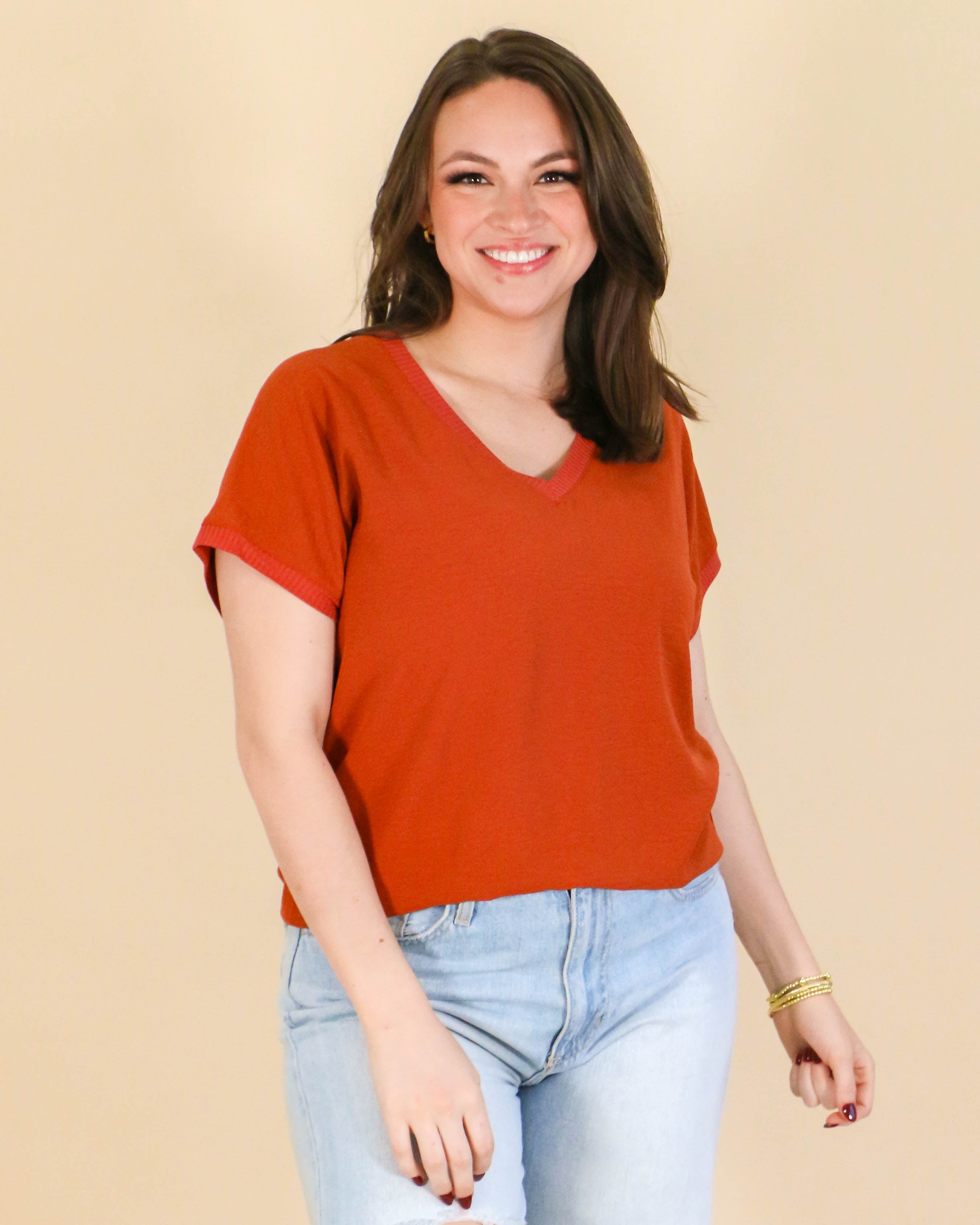 V-Neck Rib Trim Tee in Rust