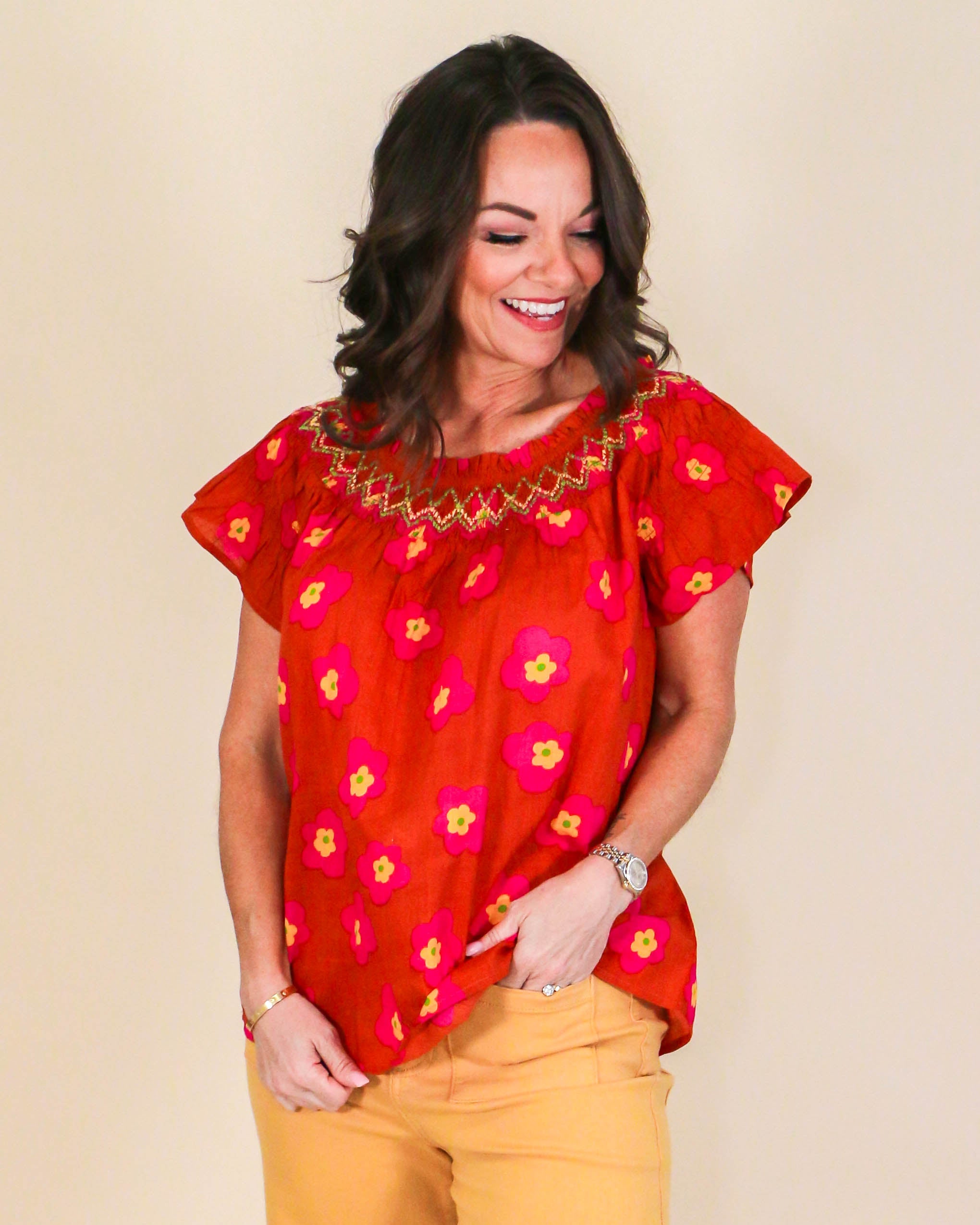 Rust Pop Smocked Top