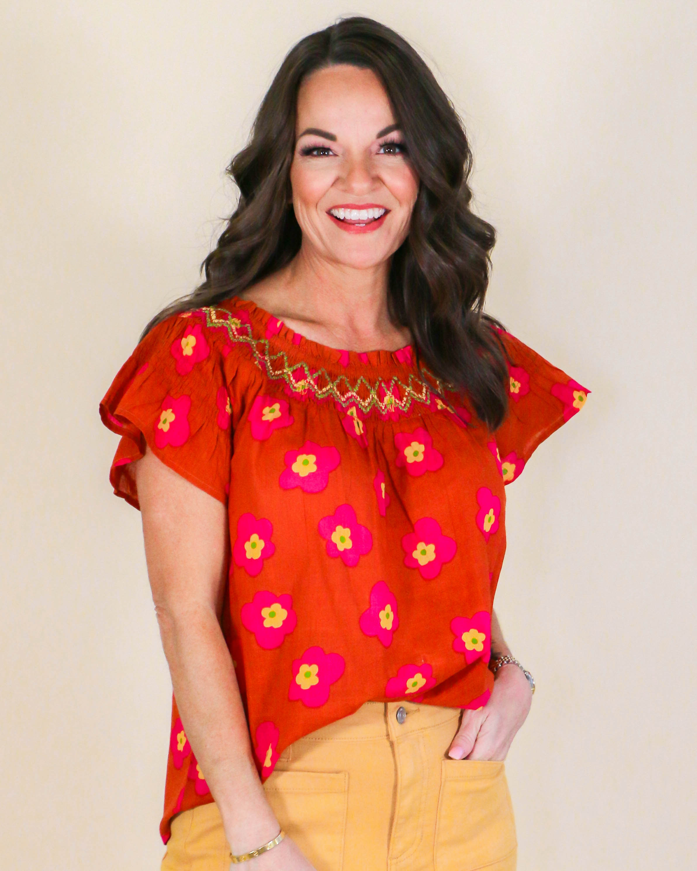 Rust Pop Smocked Top