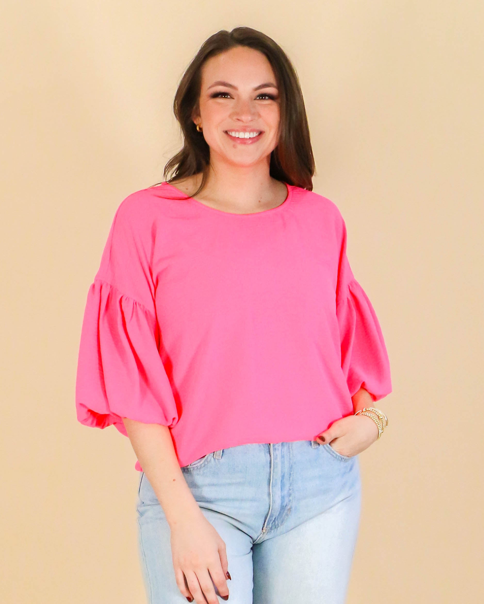 Puff Sleeve Top in Neon Pink