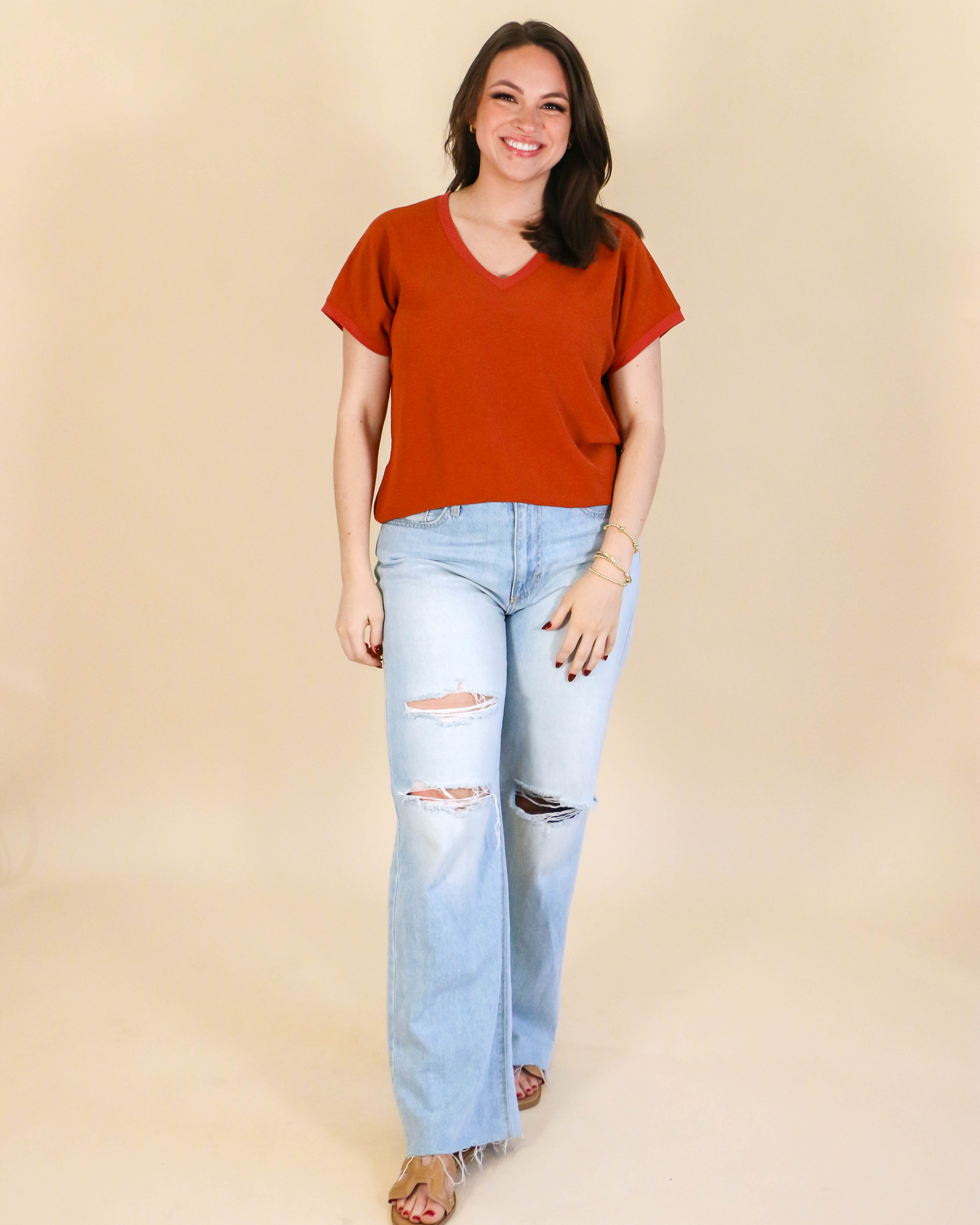 V-Neck Rib Trim Tee in Rust