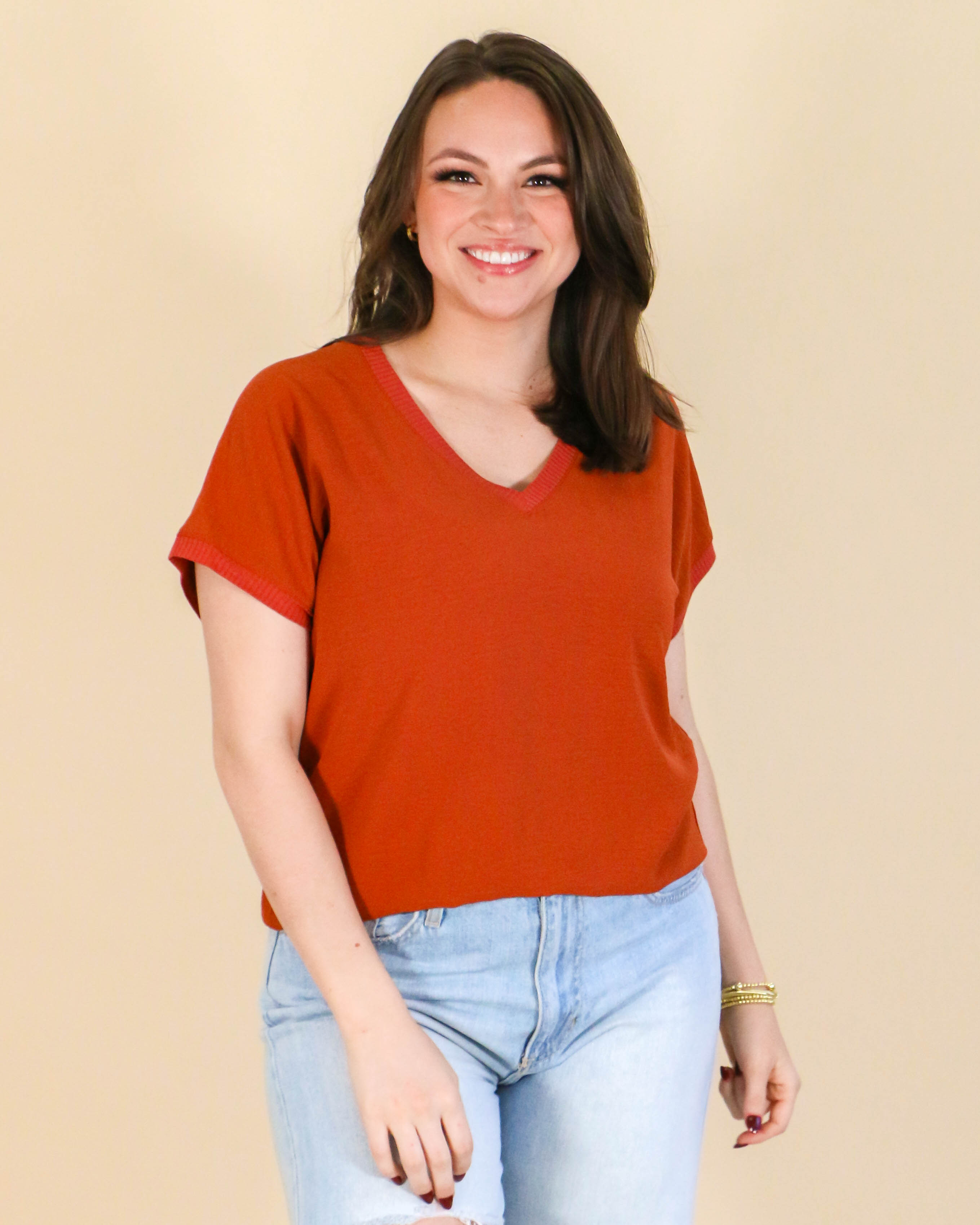 V-Neck Rib Trim Tee in Rust