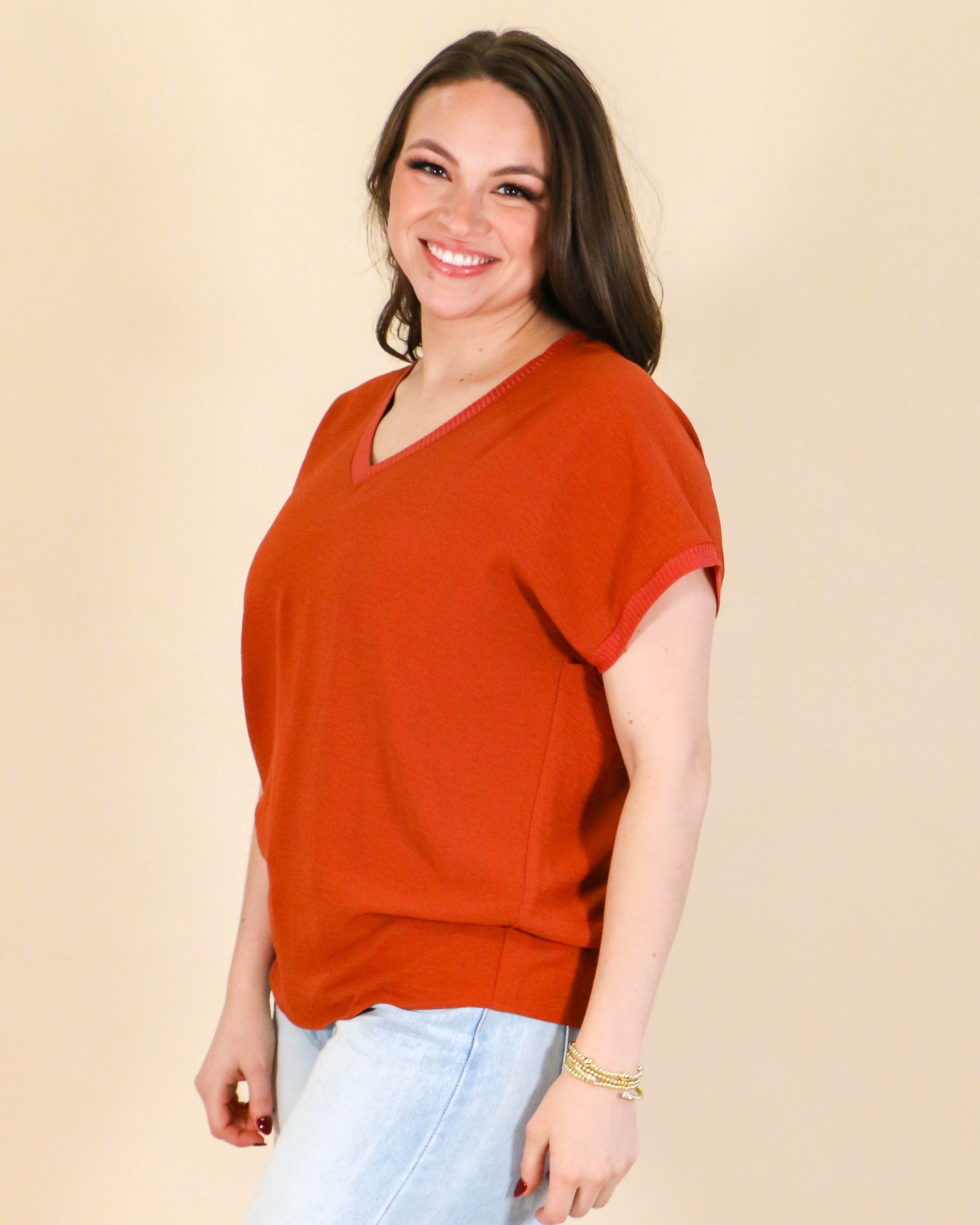 V-Neck Rib Trim Tee in Rust