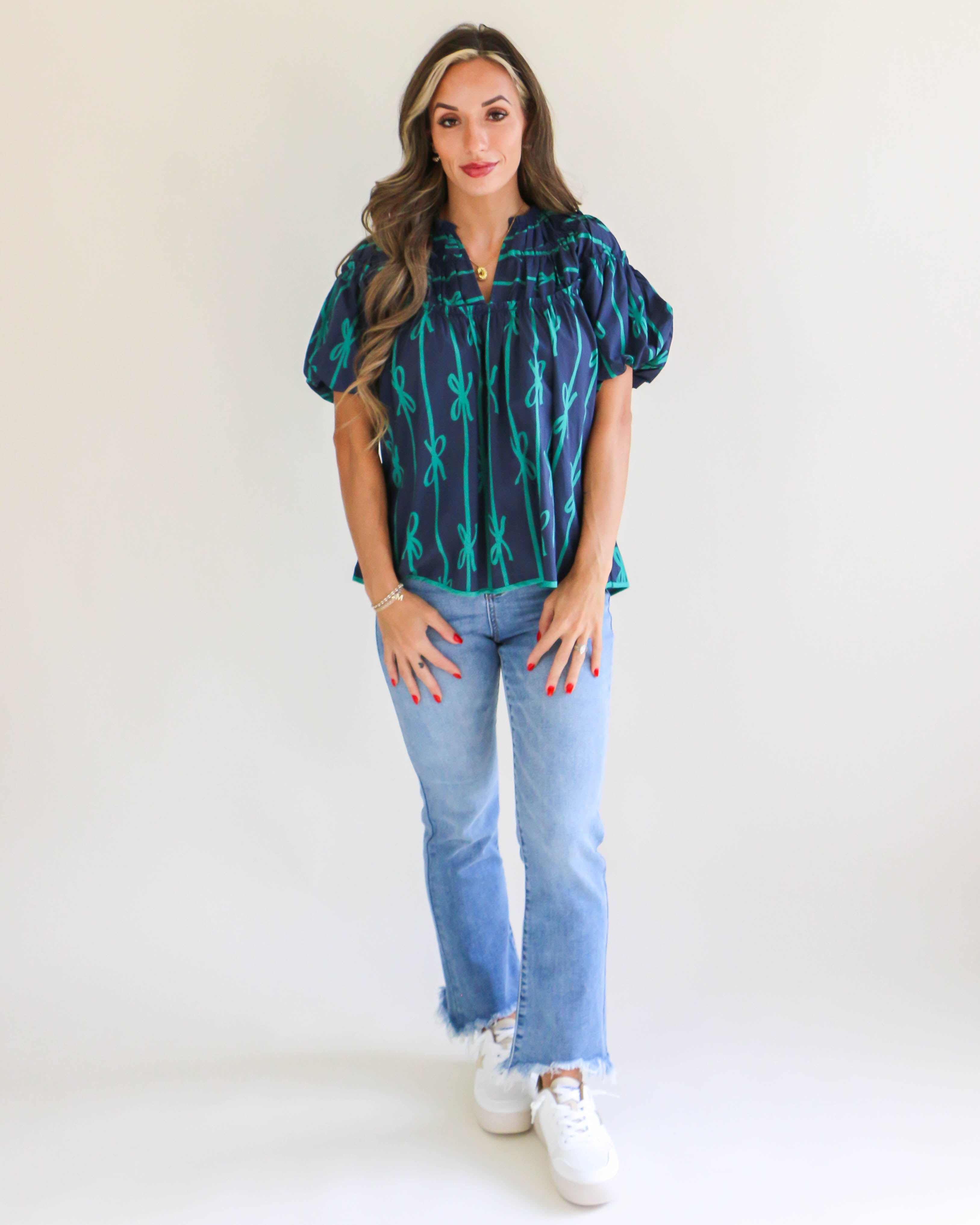 Navy Ribbon Print Shirring Neckline Top