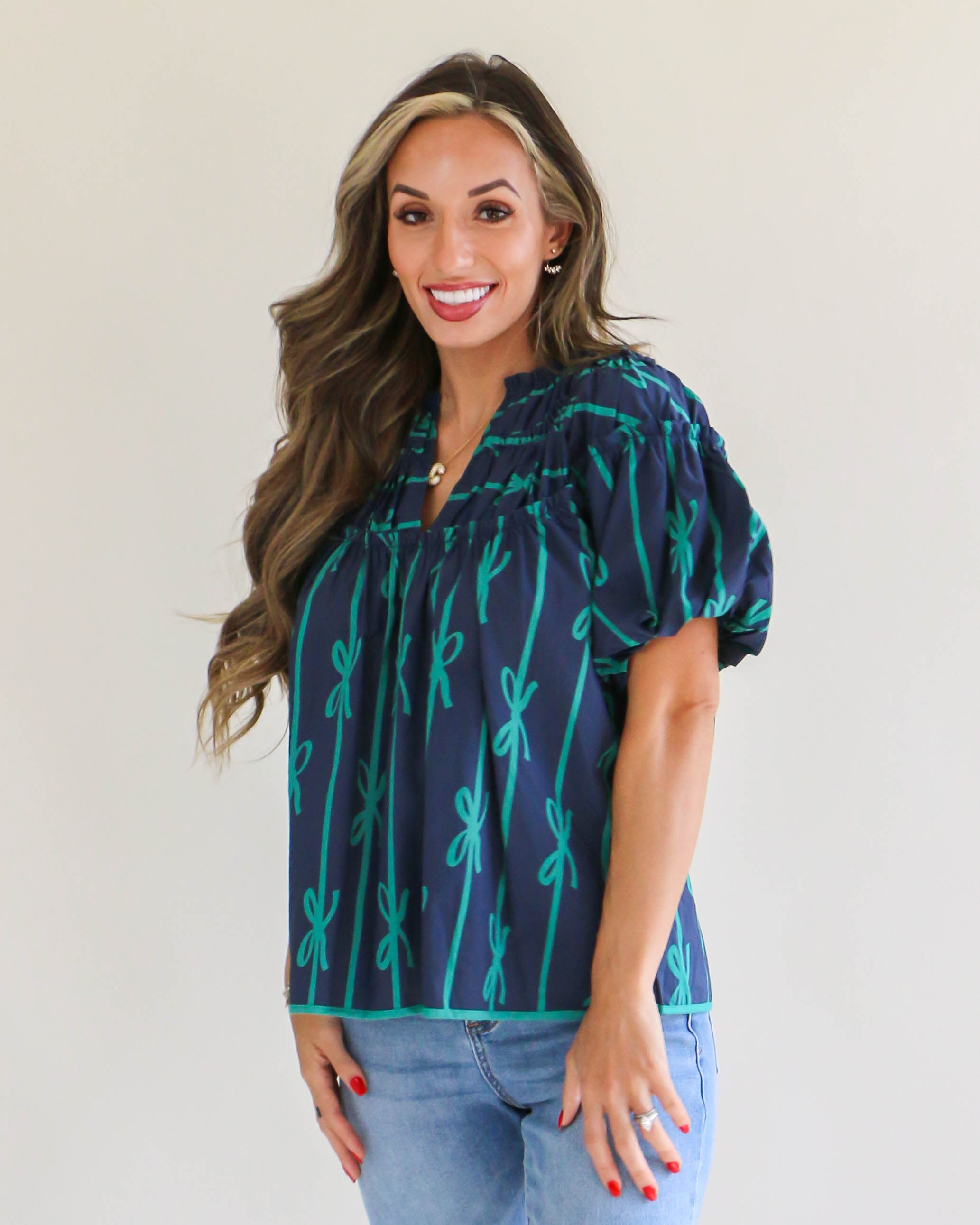 Navy Ribbon Print Shirring Neckline Top