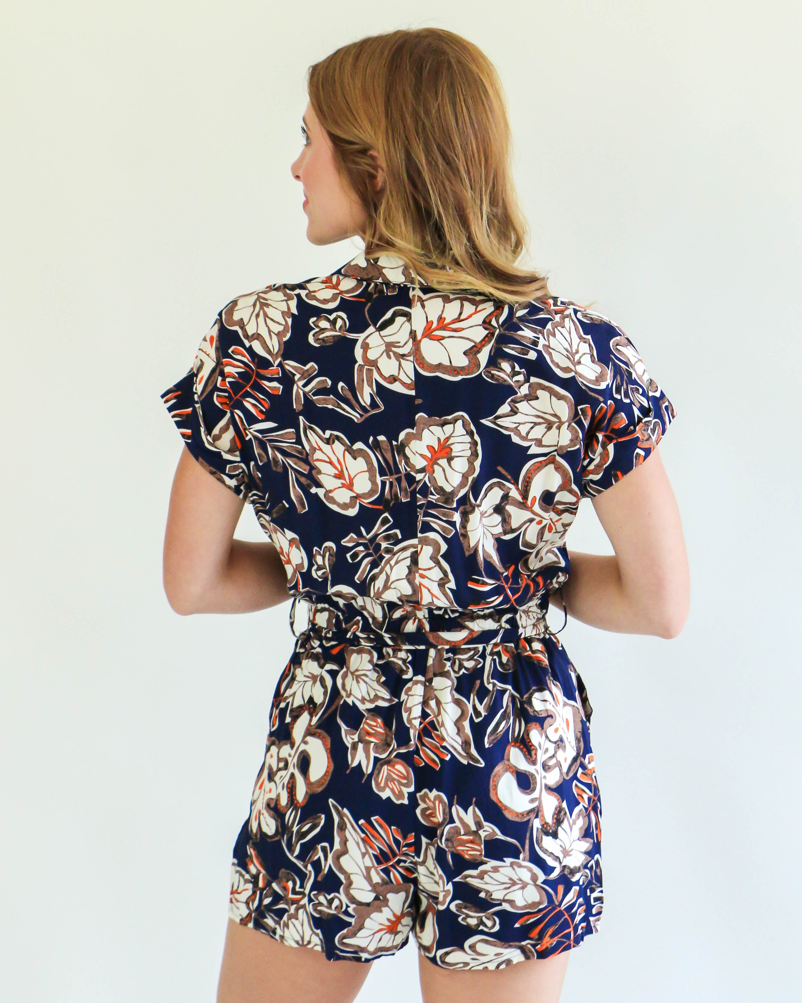 Navy Romper with Tan Floral Print