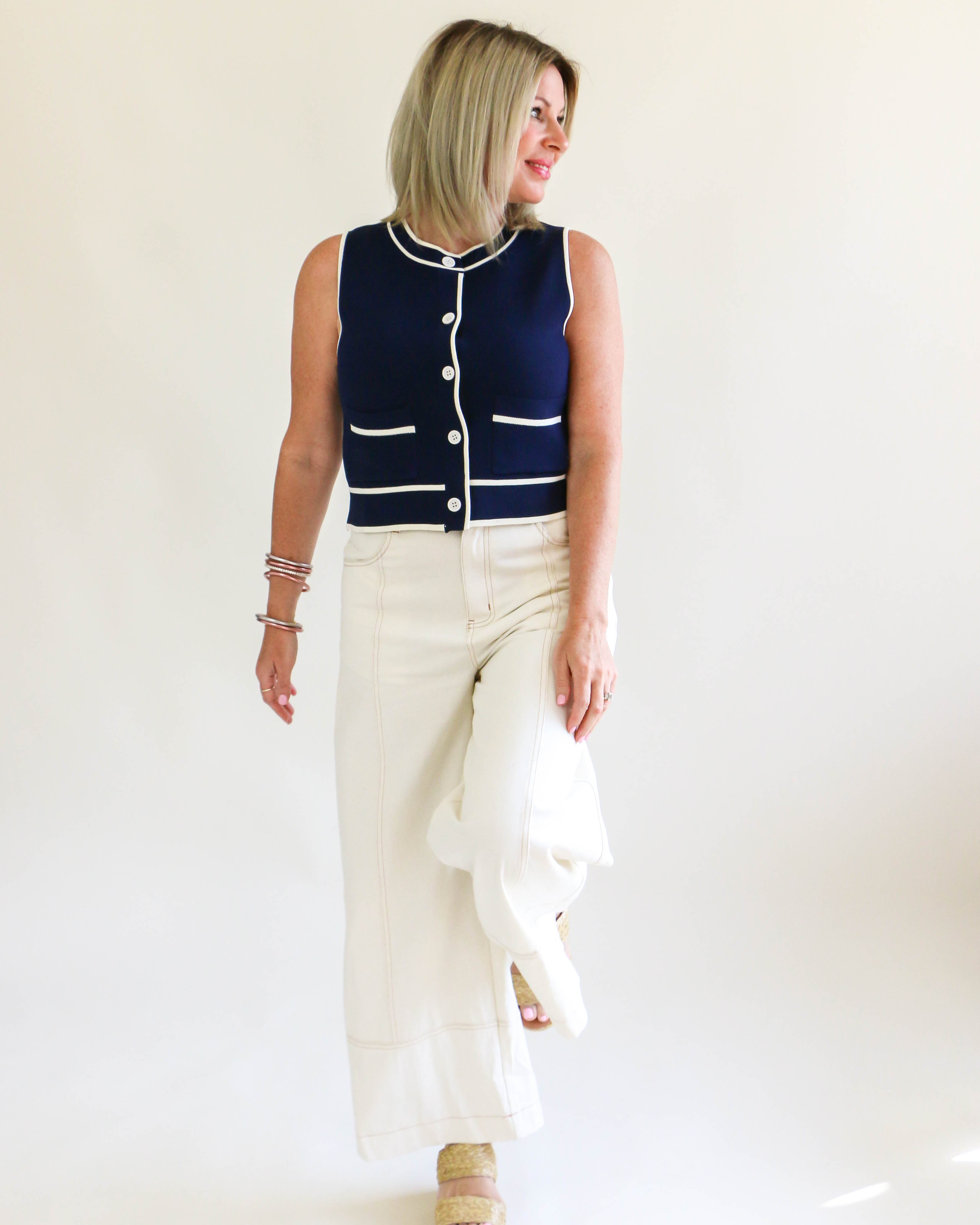 Navy Round Neck Sleeveless Button Down Cropped Top