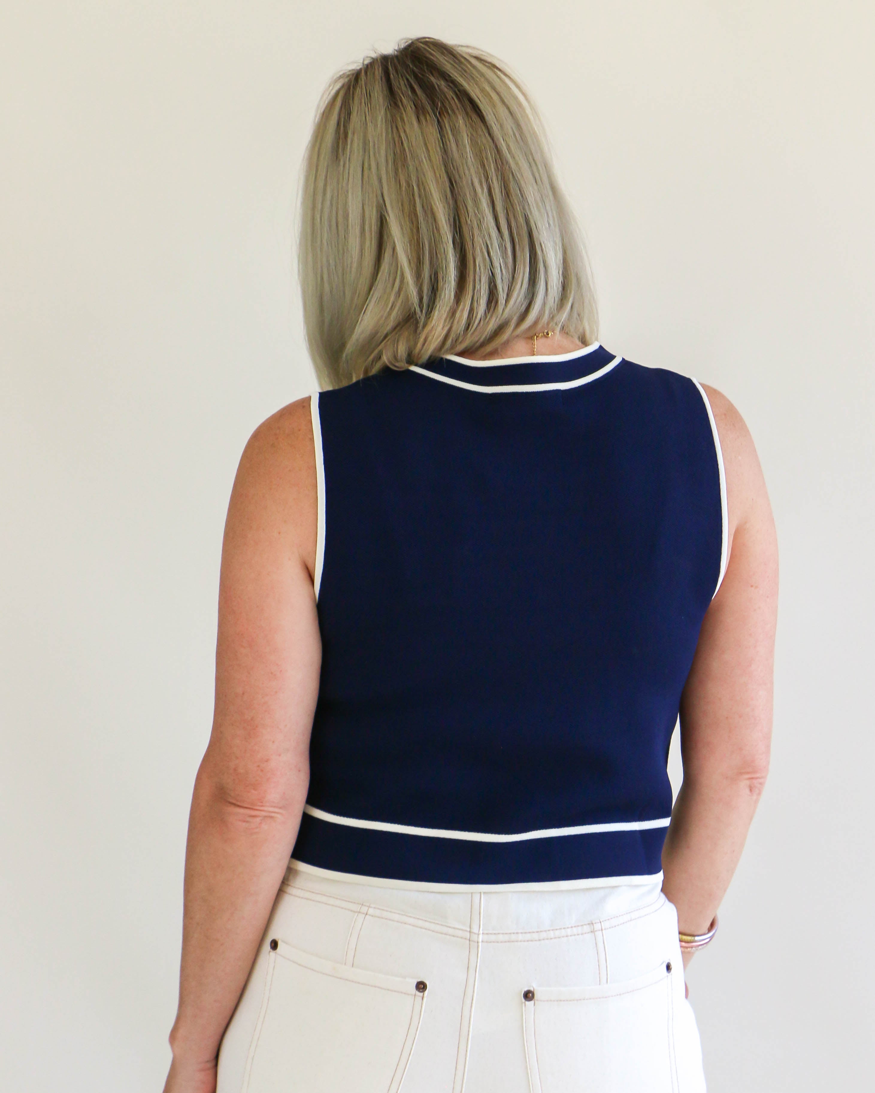 Navy Round Neck Sleeveless Button Down Cropped Top