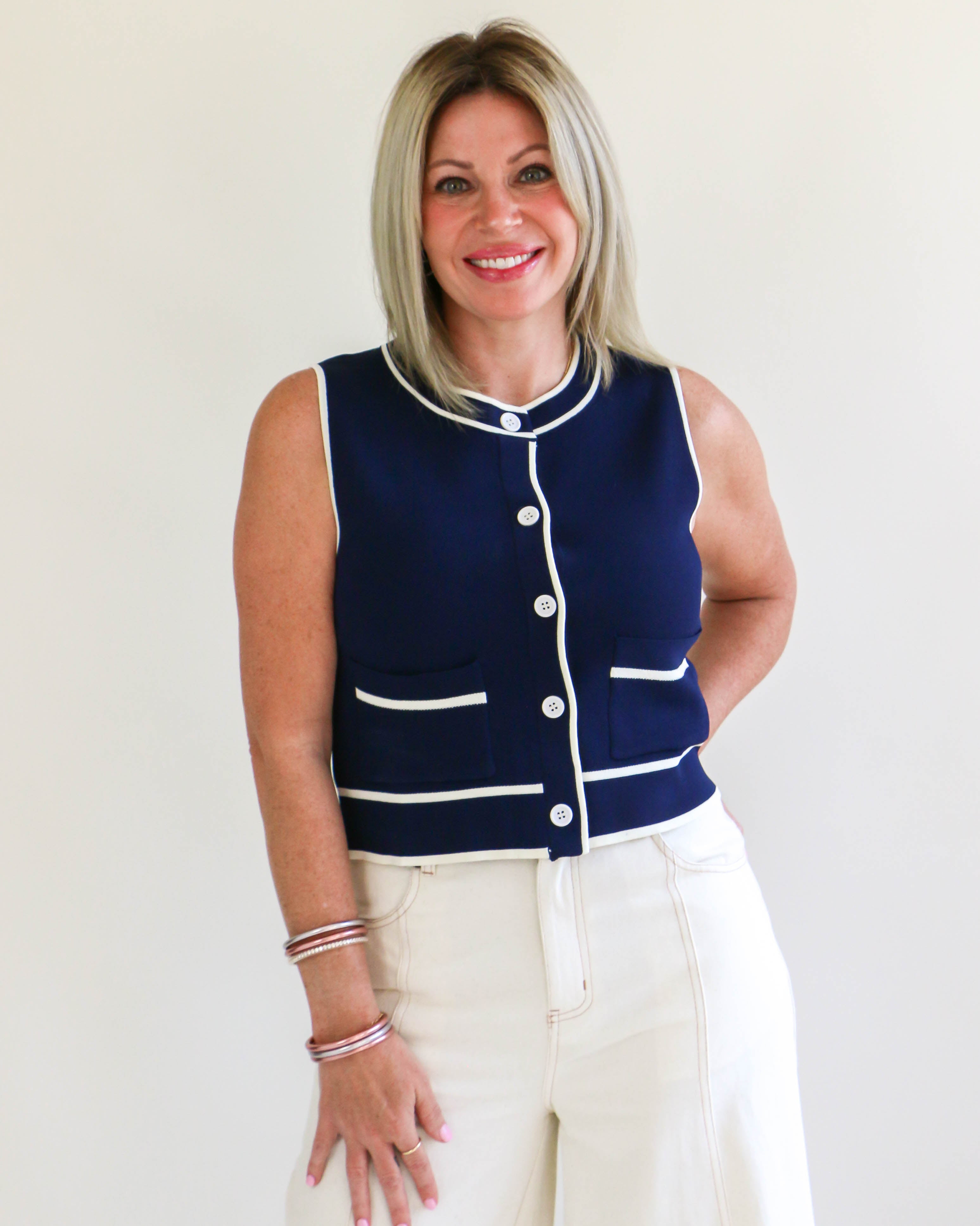 Navy Round Neck Sleeveless Button Down Cropped Top