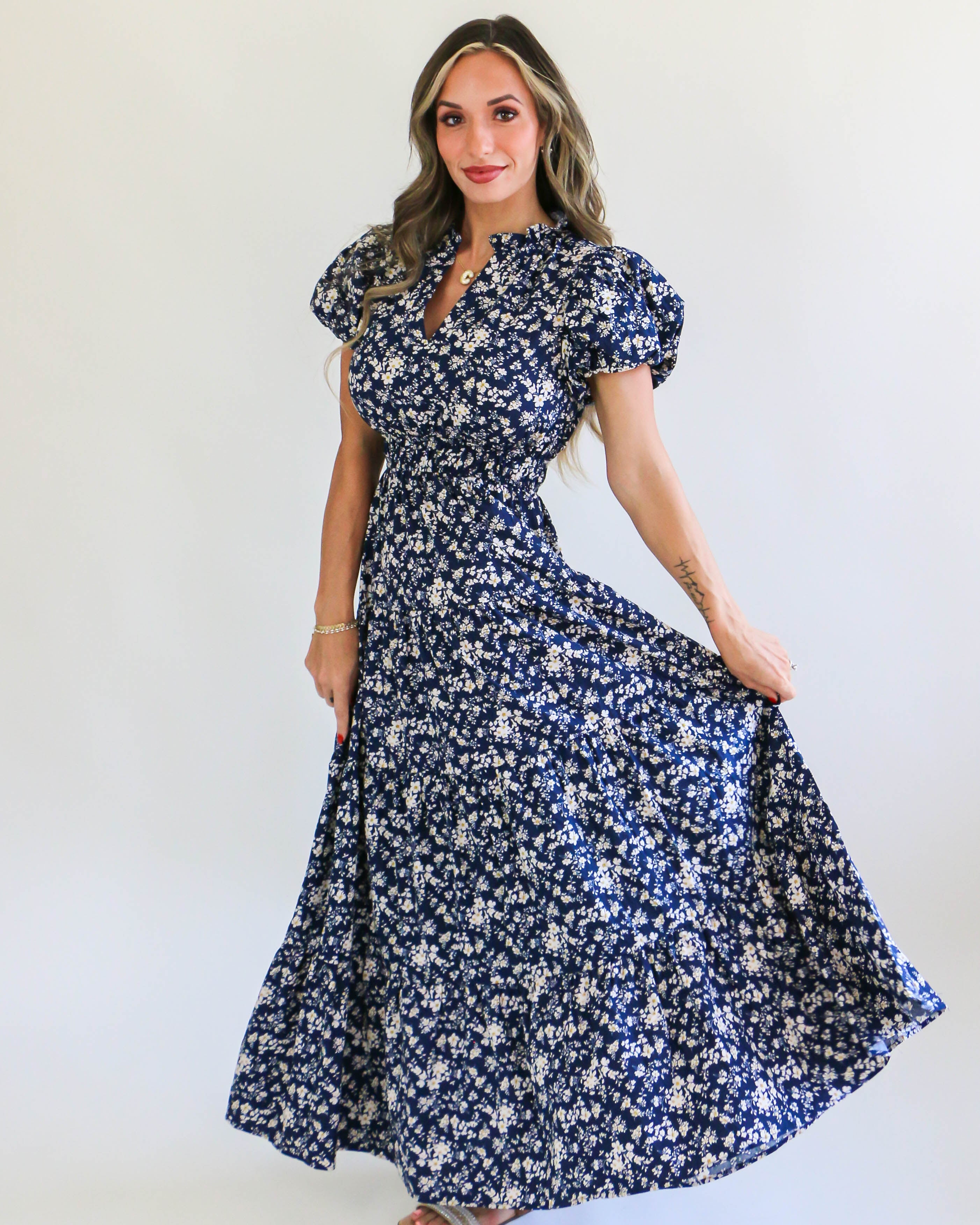 Navy Midi Dress with Floral Design Print