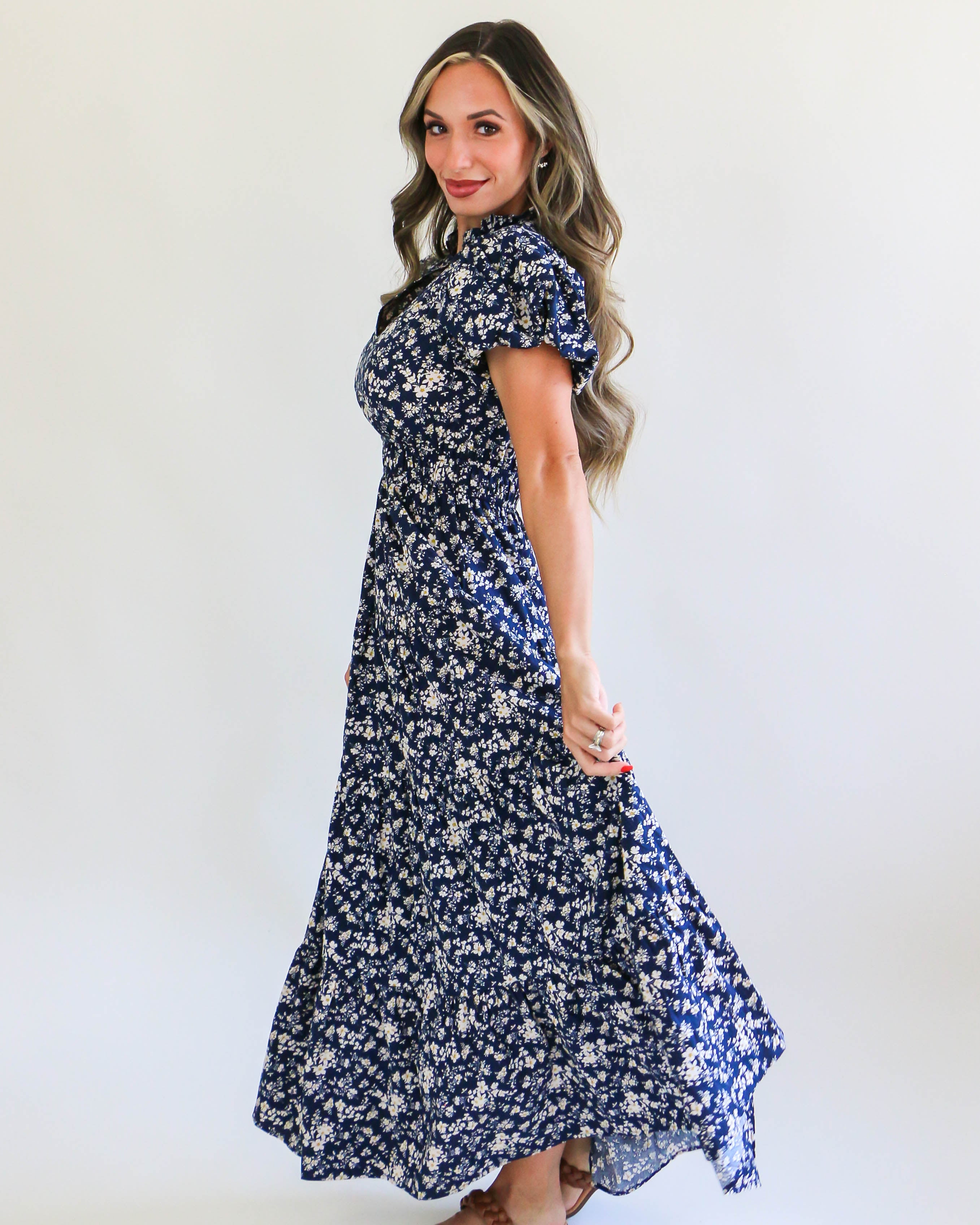 Navy Midi Dress with Floral Design Print