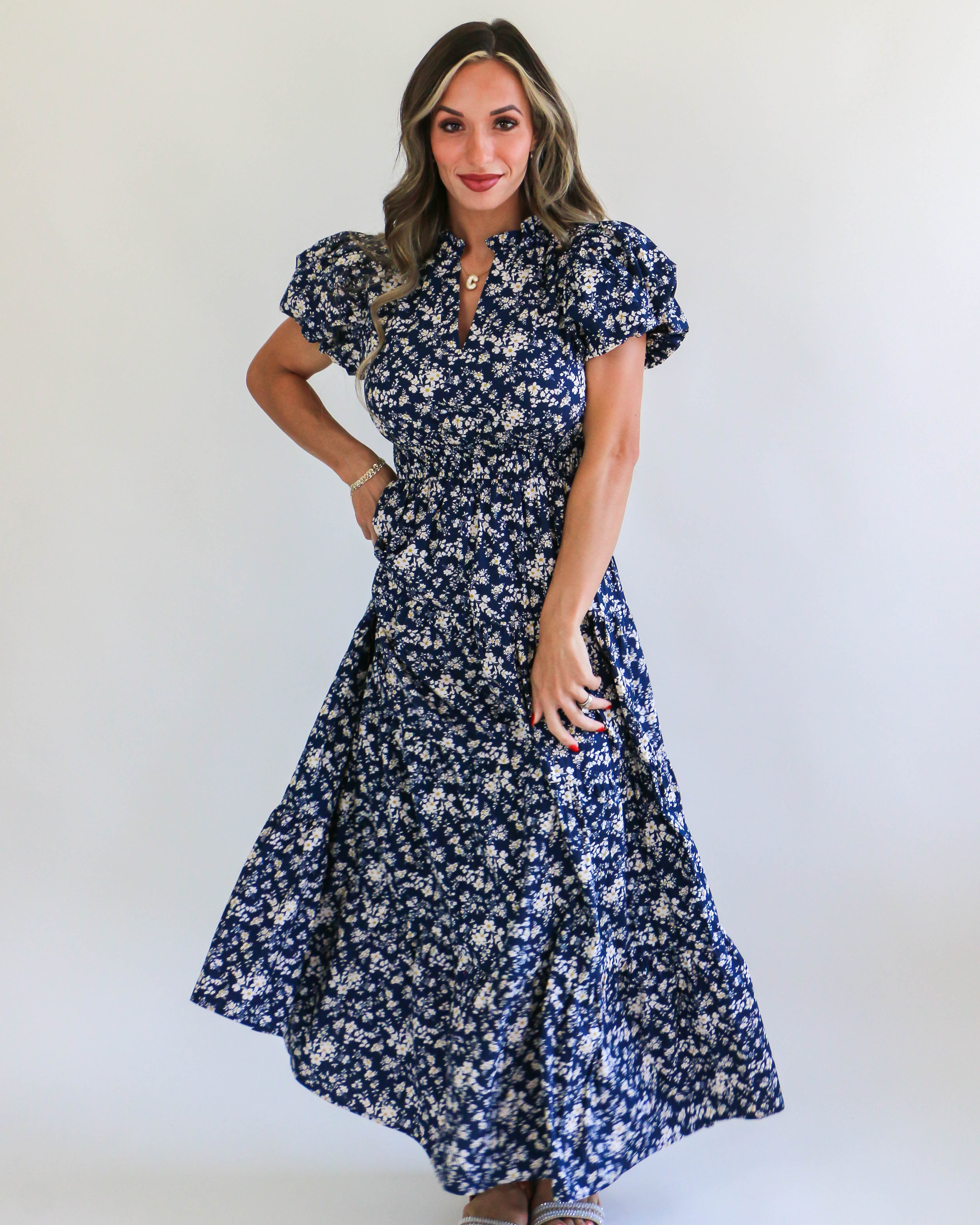 Navy Midi Dress with Floral Design Print