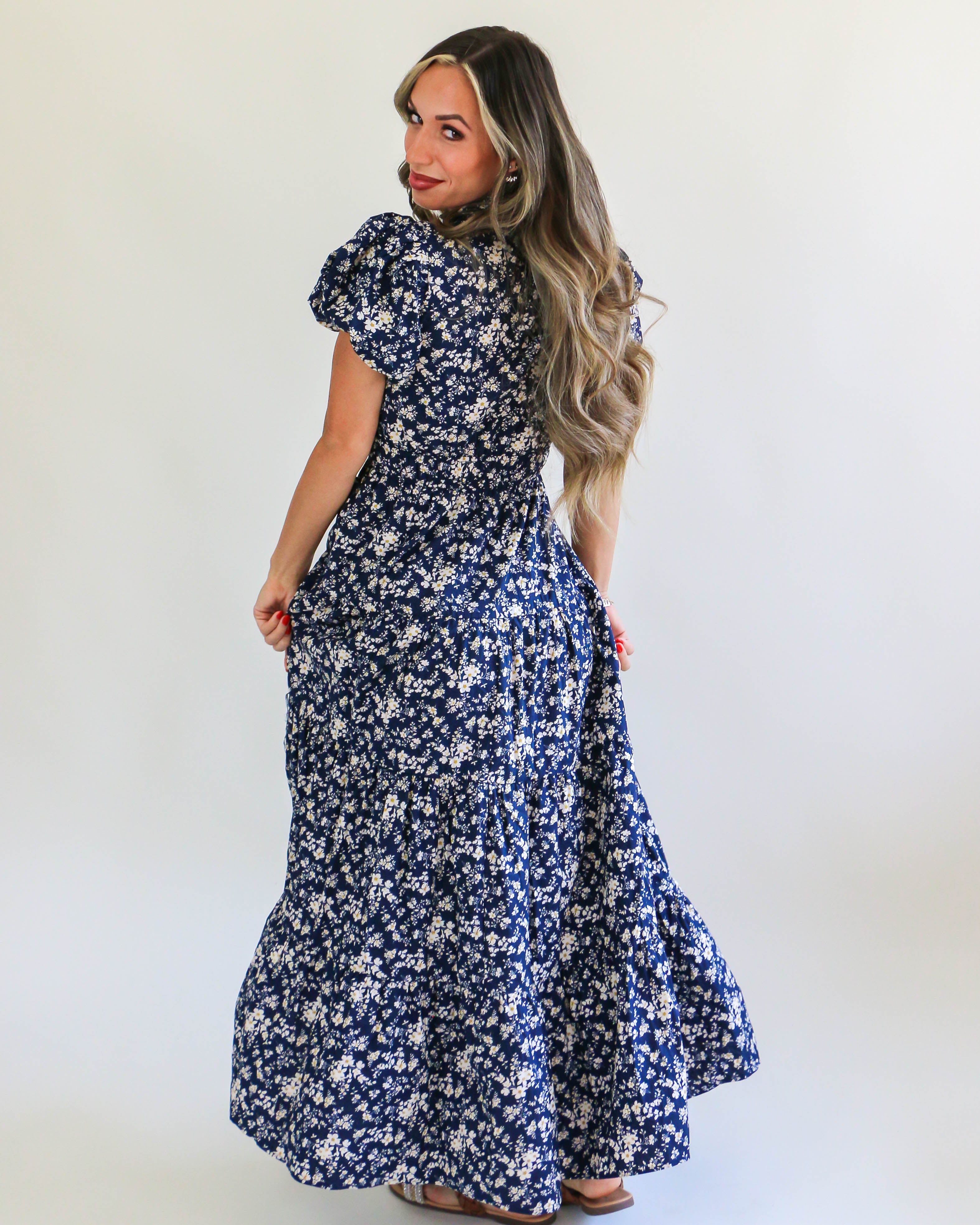 Navy Midi Dress with Floral Design Print