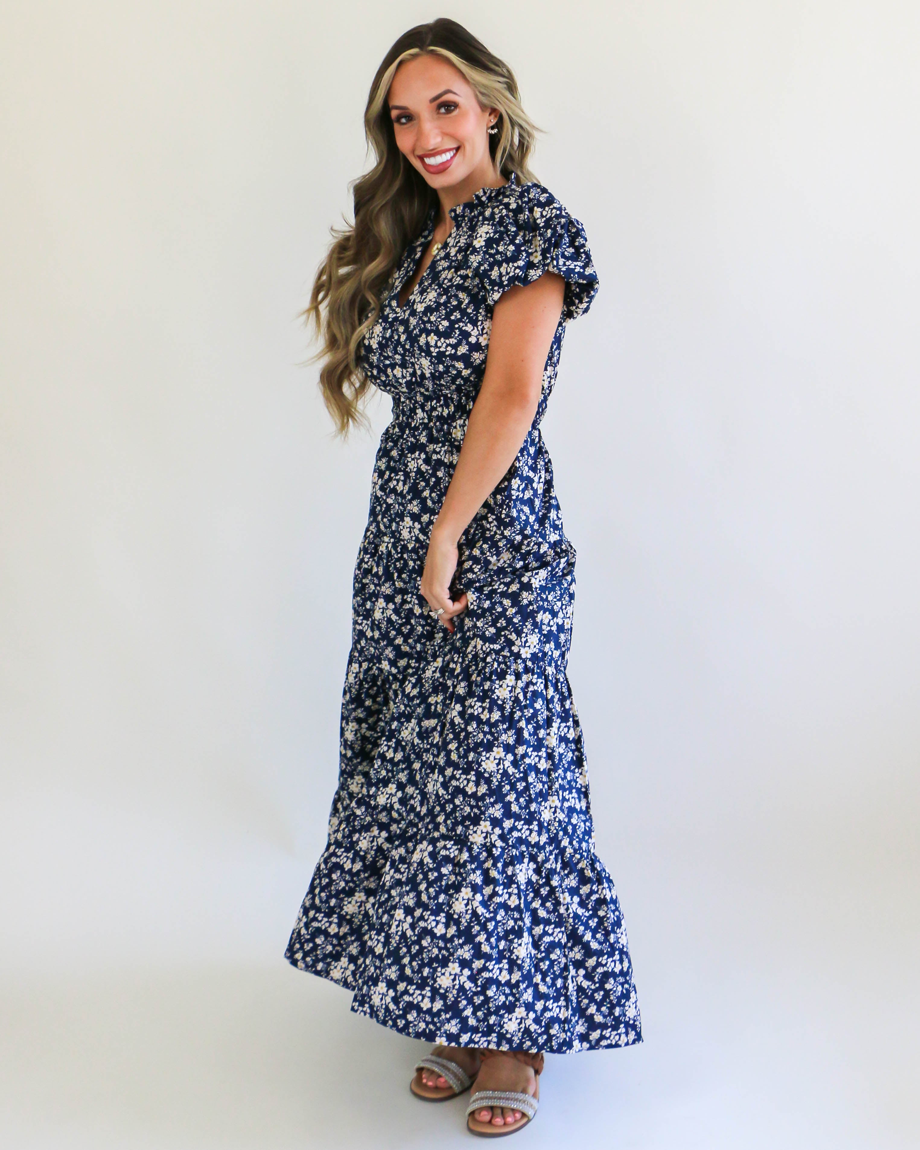 Navy Midi Dress with Floral Design Print