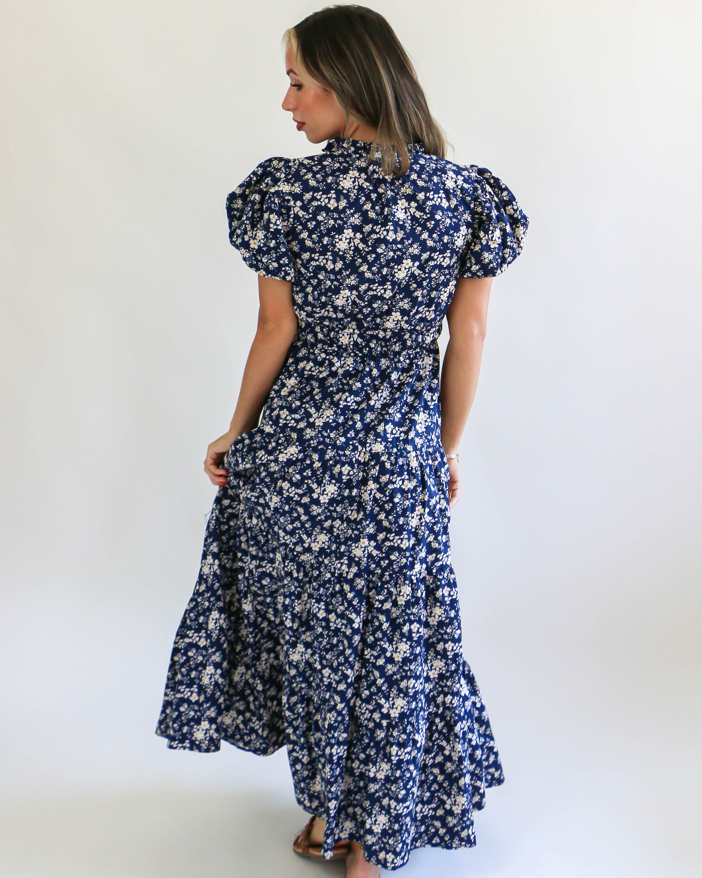 Navy Midi Dress with Floral Design Print