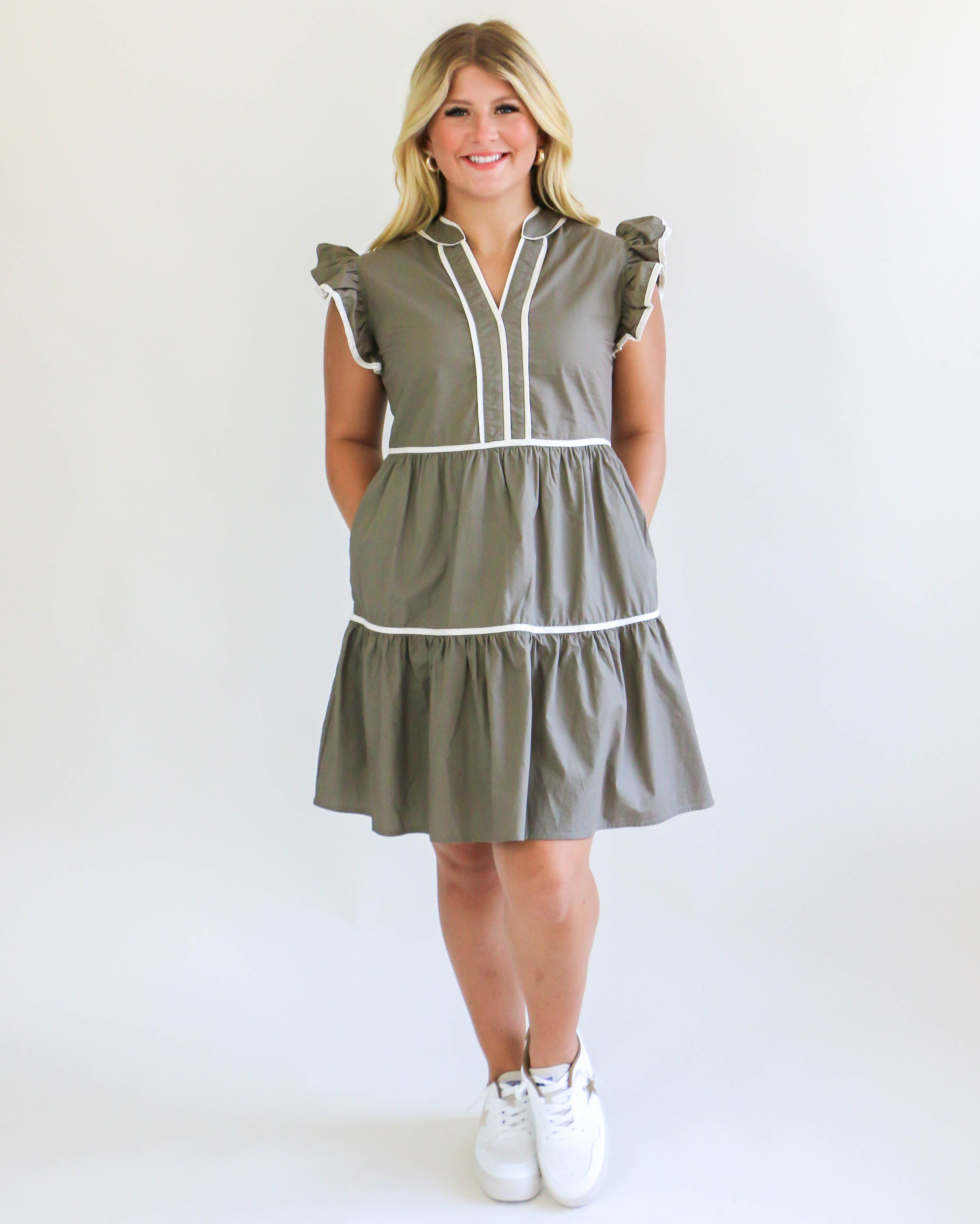 Olive Dress with White Trim