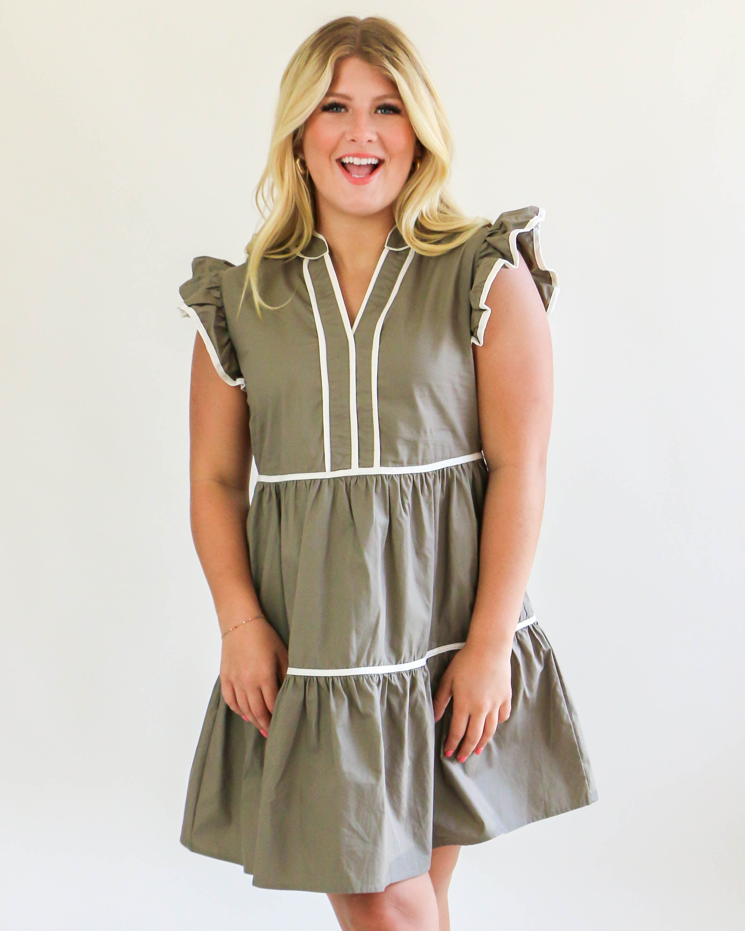 Olive Dress with White Trim