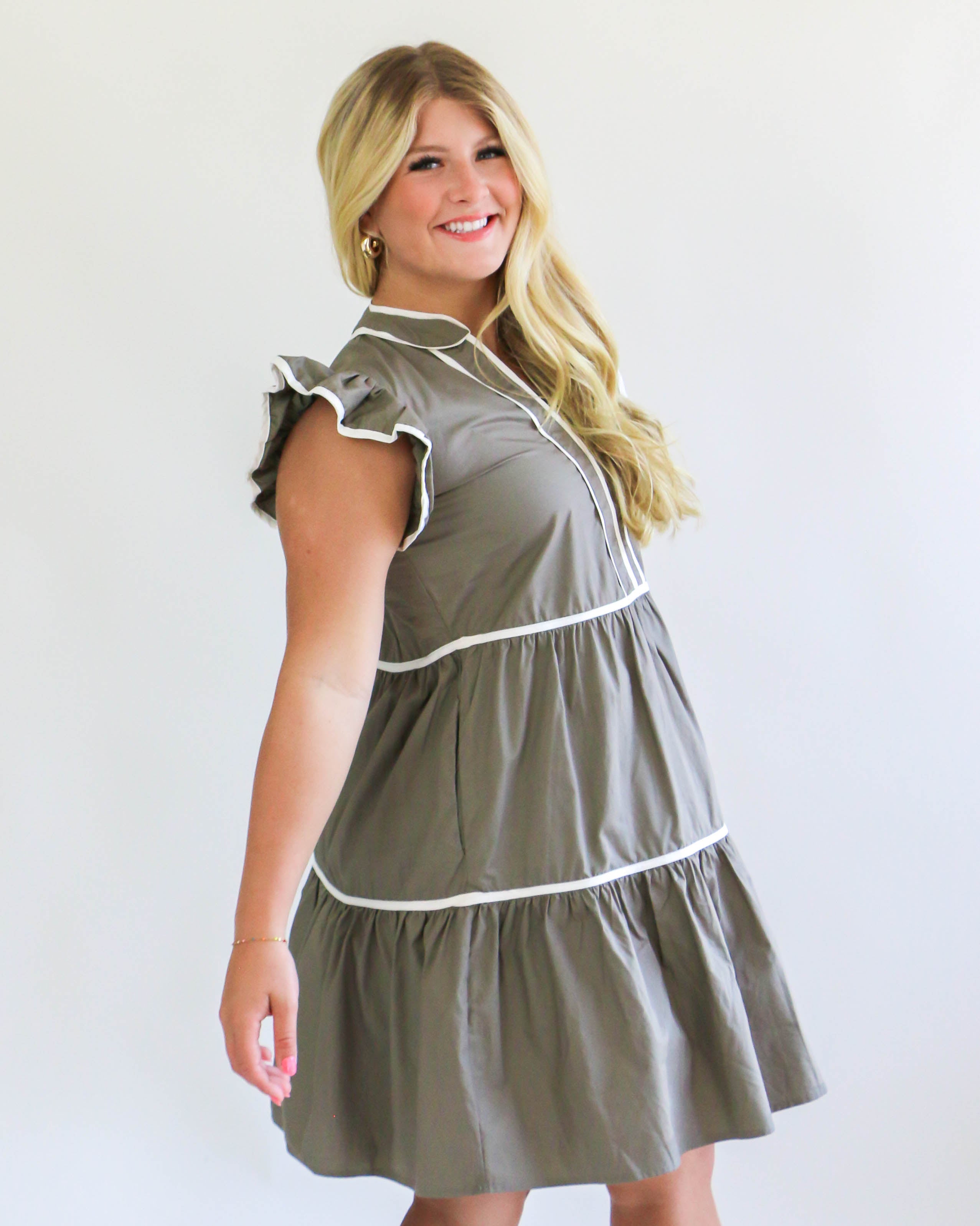 Olive Dress with White Trim