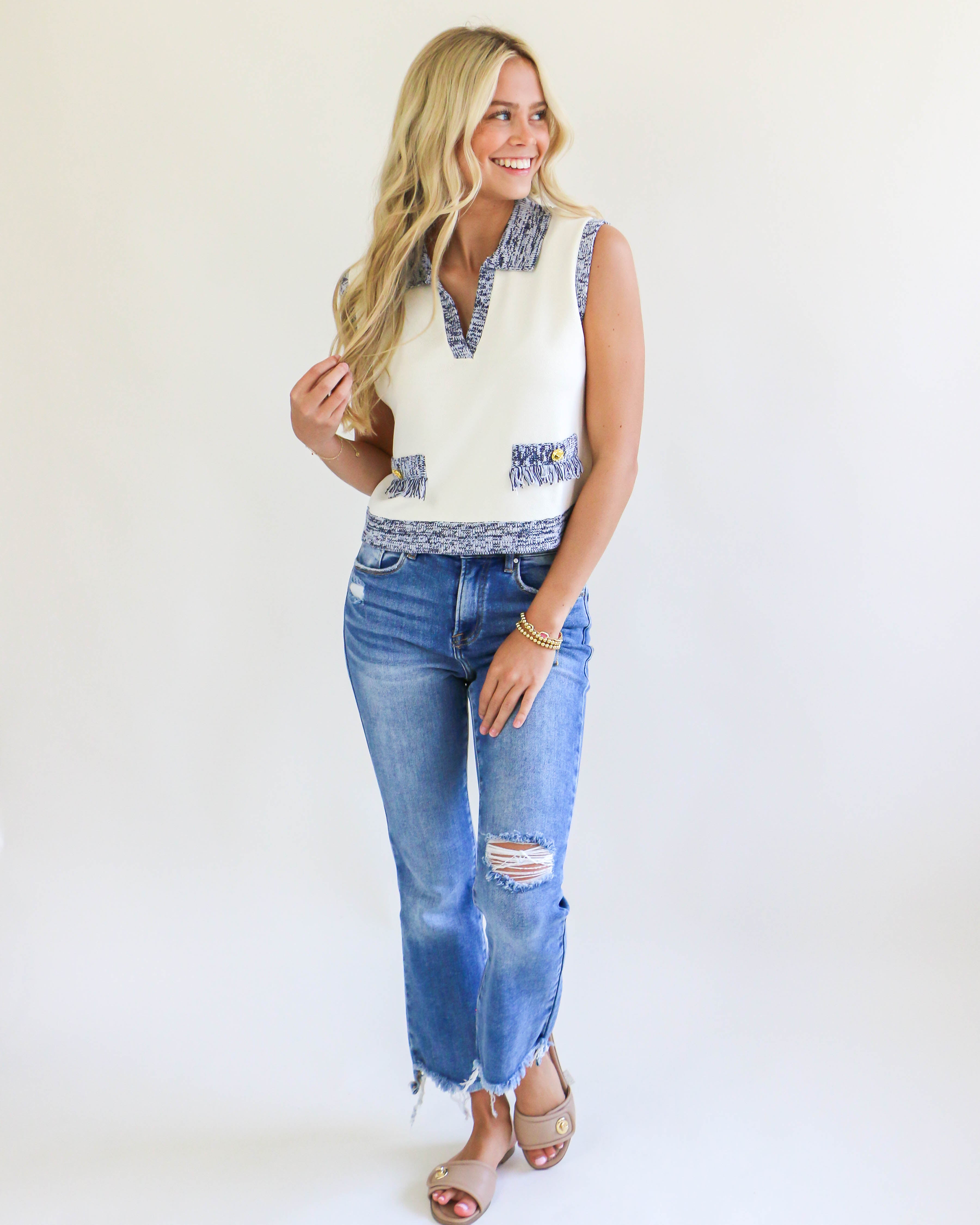 Blue & Cream Sleeveless Collared Top