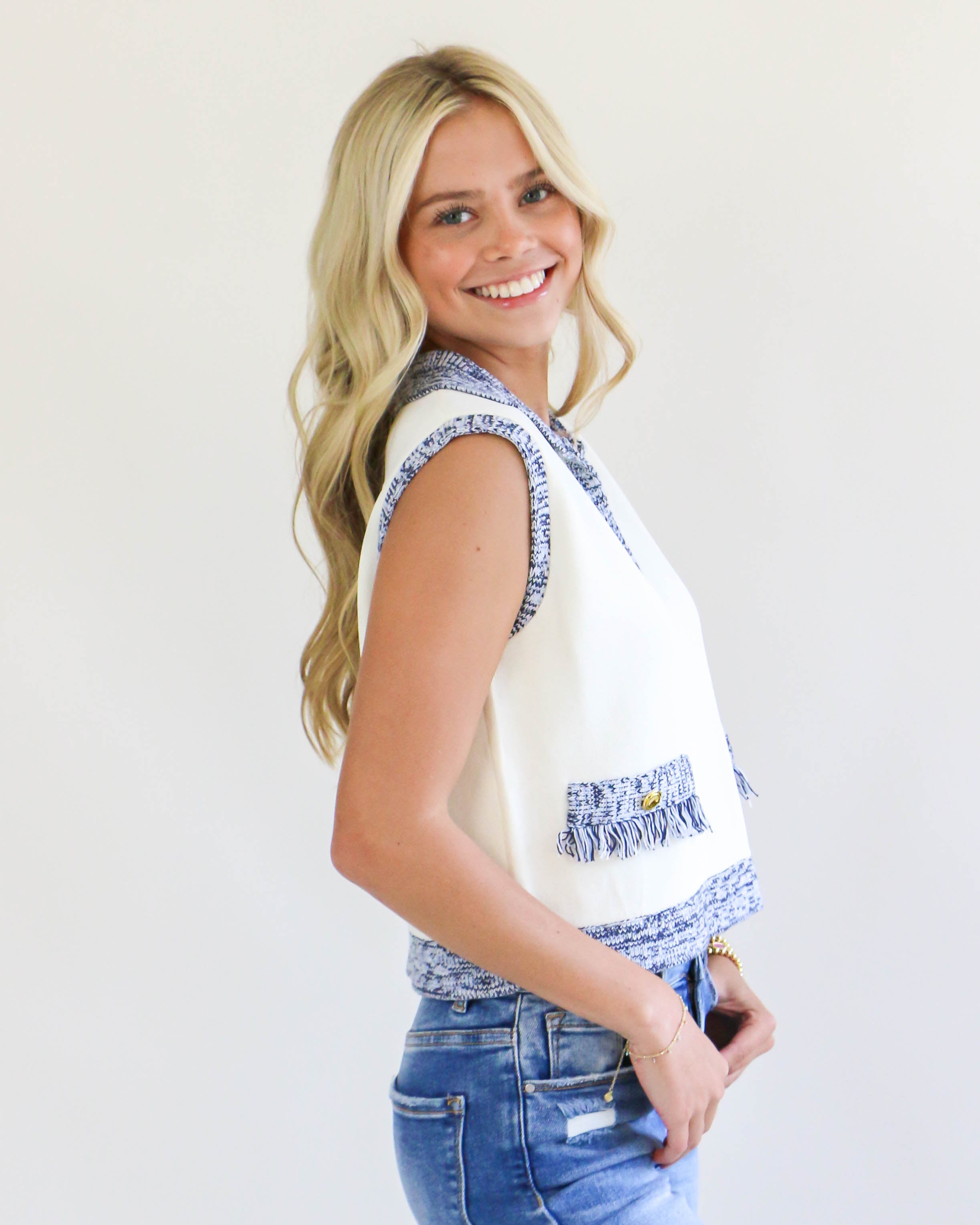 Blue & Cream Sleeveless Collared Top