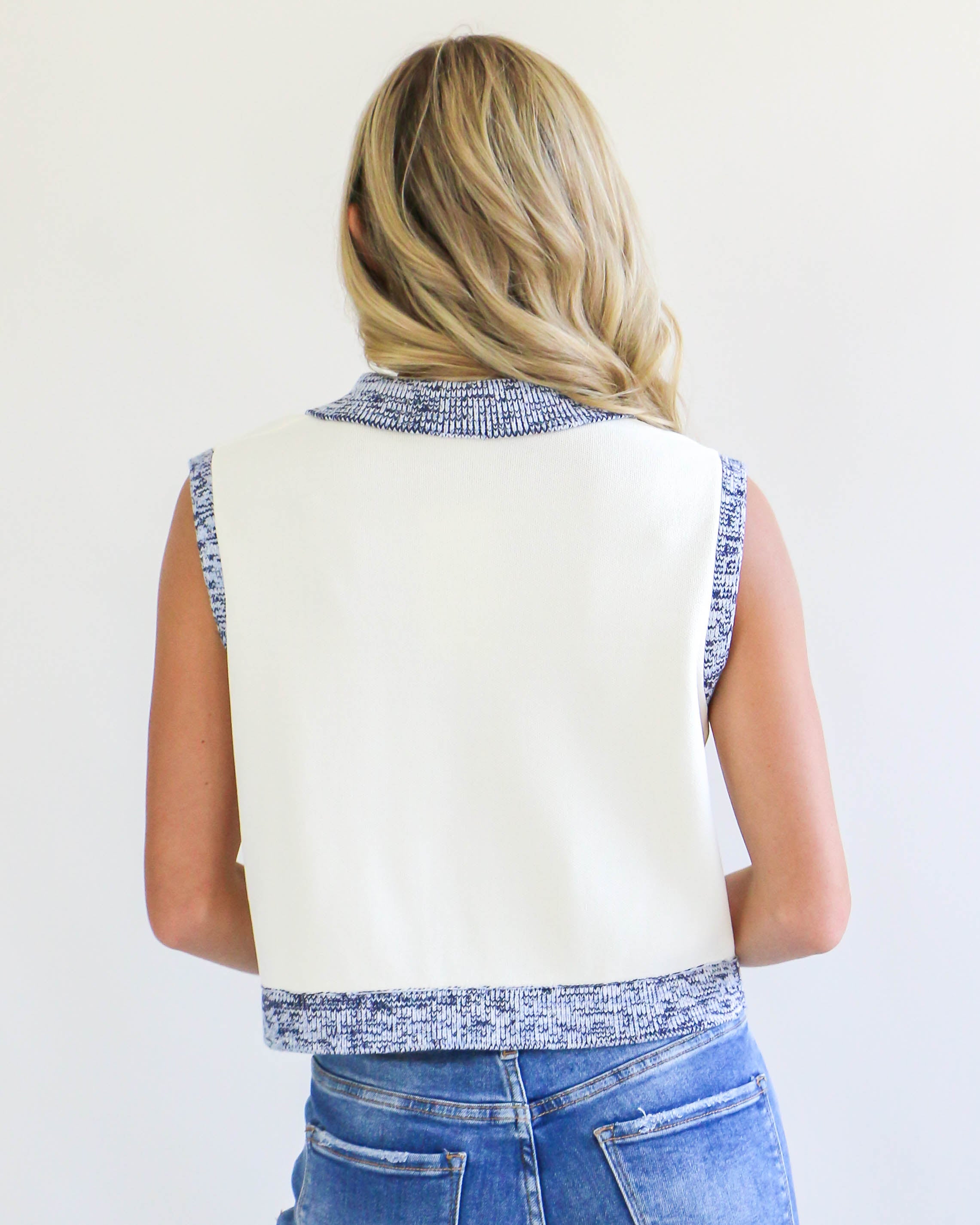 Blue & Cream Sleeveless Collared Top