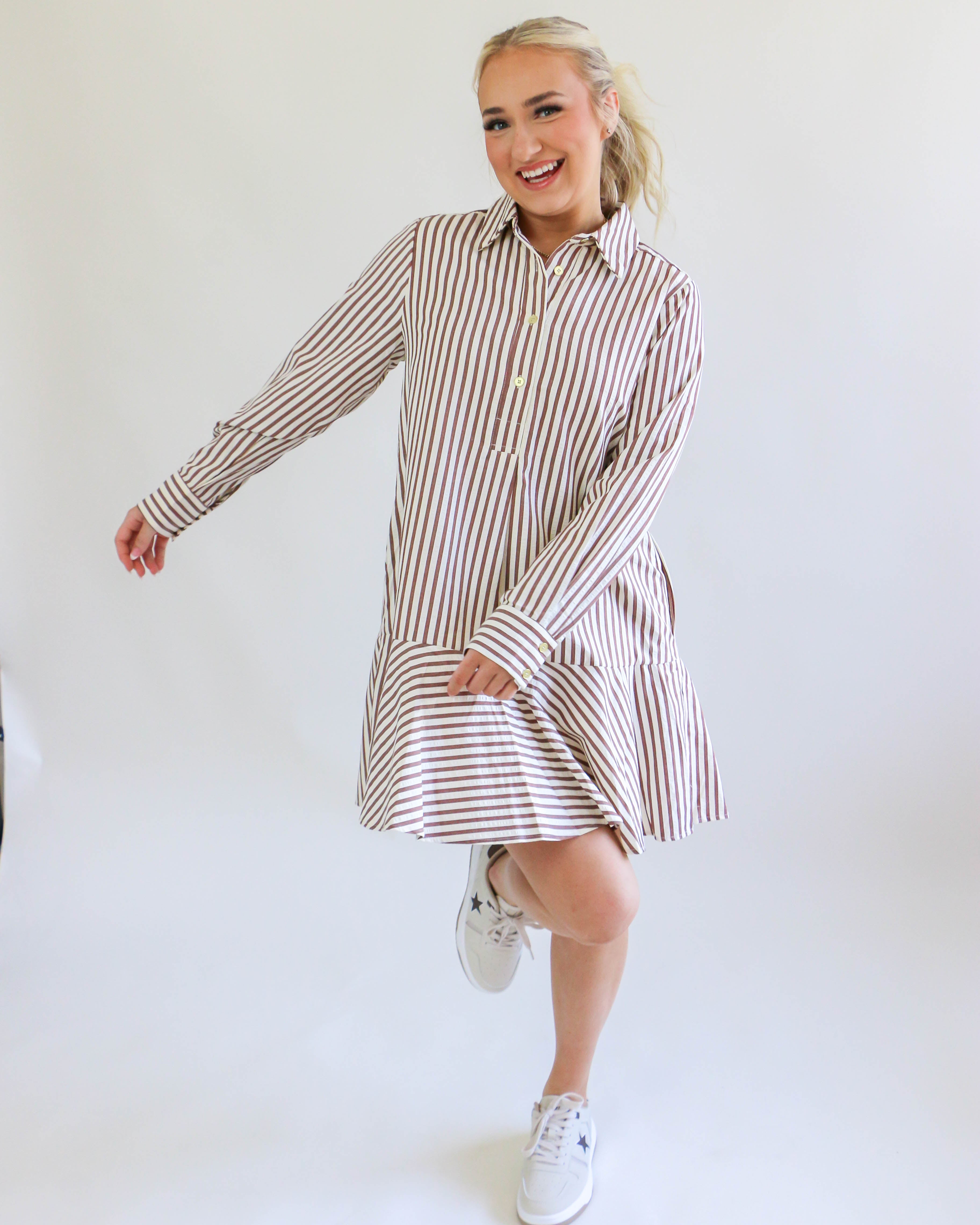 Striped Long Sleeve Collared Mini Dress in Camel