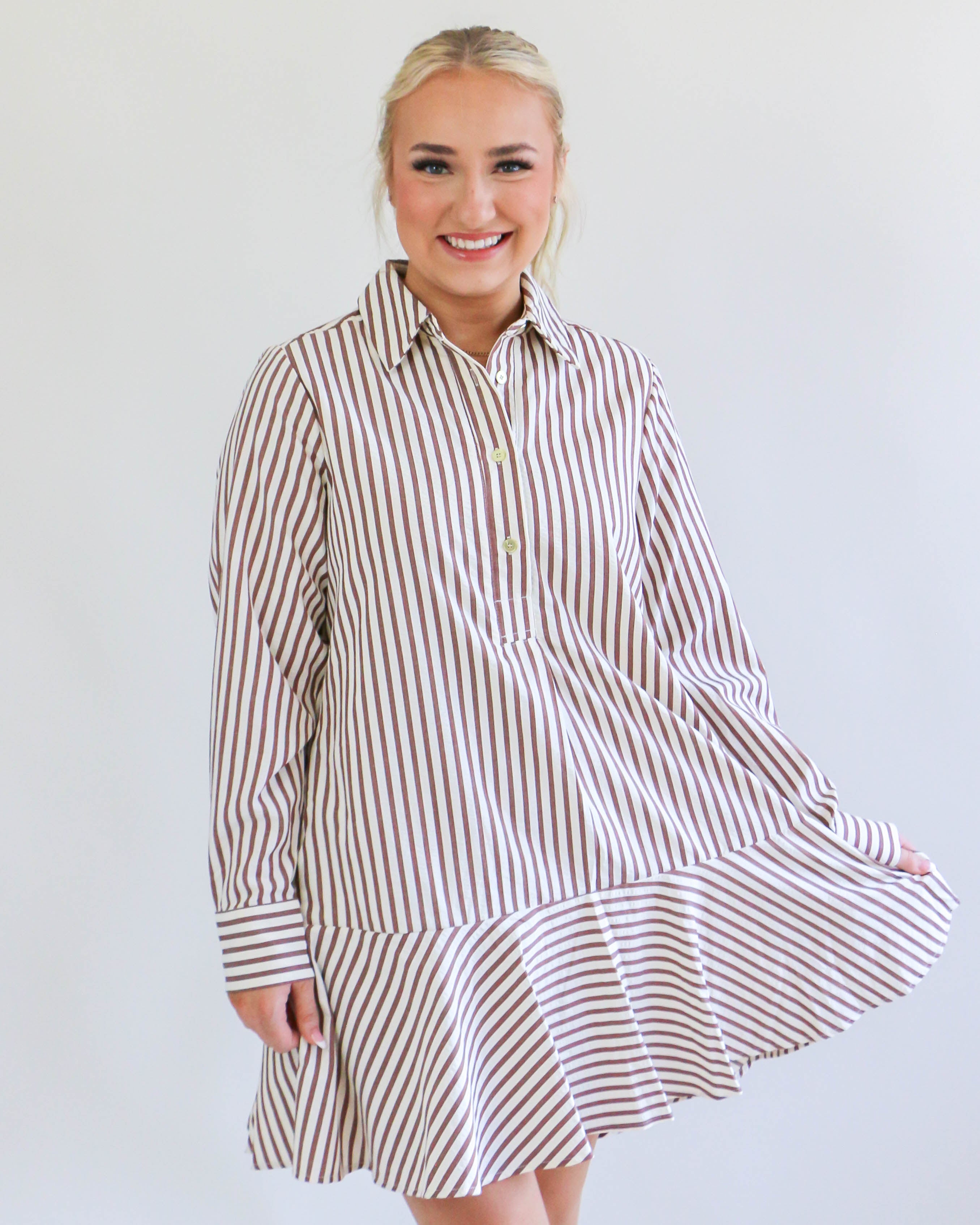 Striped Long Sleeve Collared Mini Dress in Camel