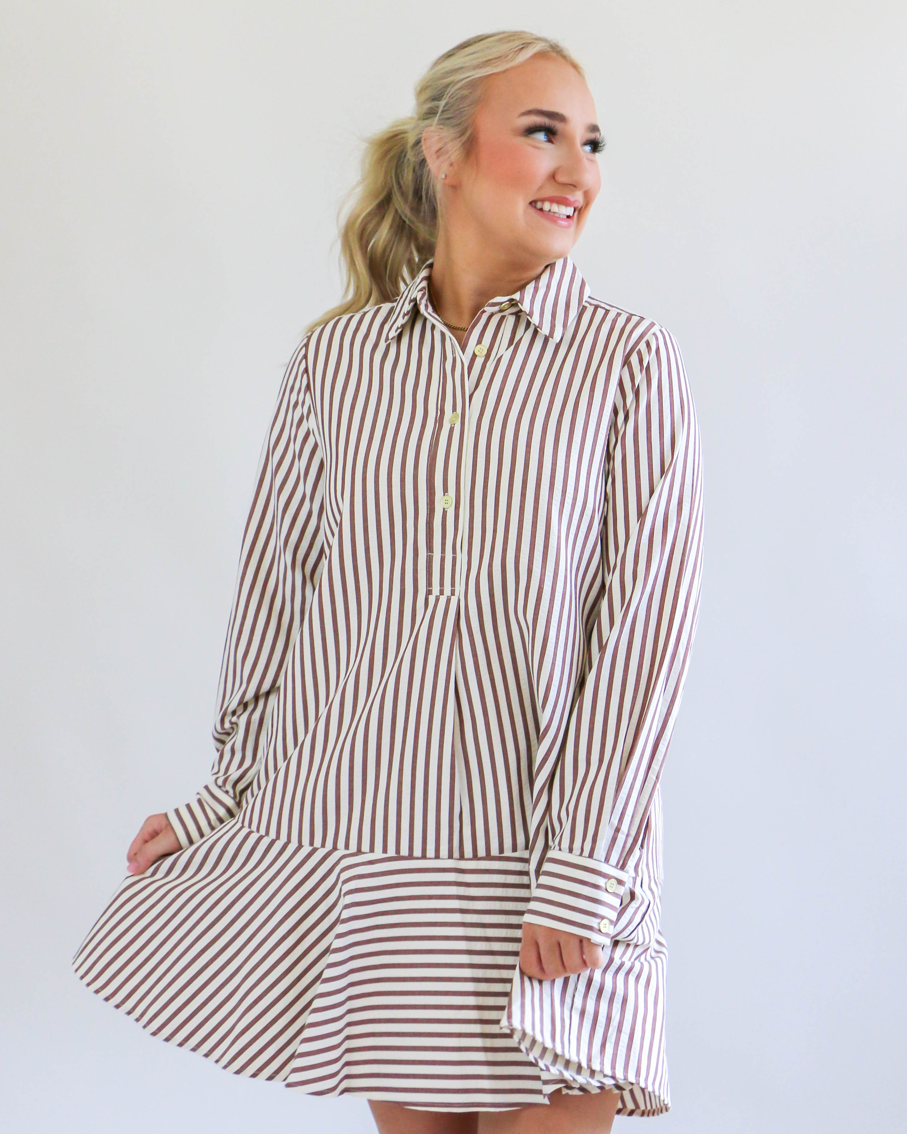 Striped Long Sleeve Collared Mini Dress in Camel